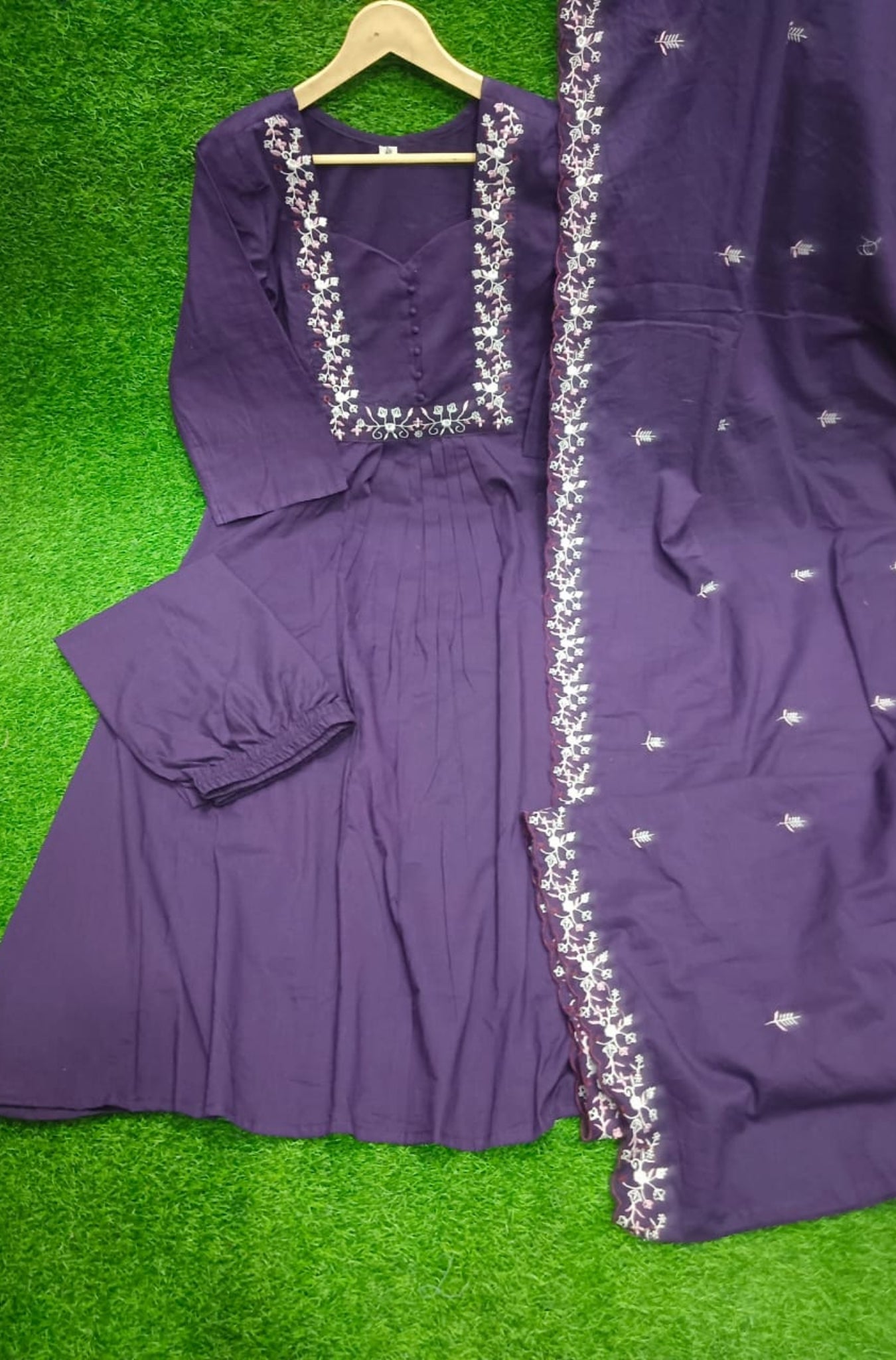 Purple Pure Cotton Embroidered Suit Set