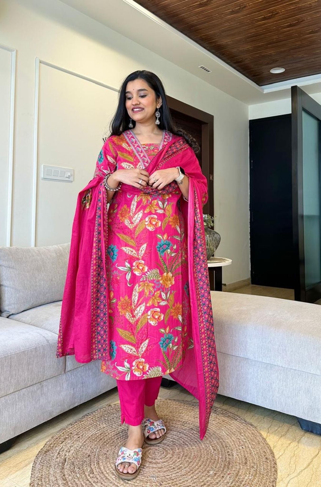 Stylish Neck Design Cotton Kurti Pant Dupatta Set