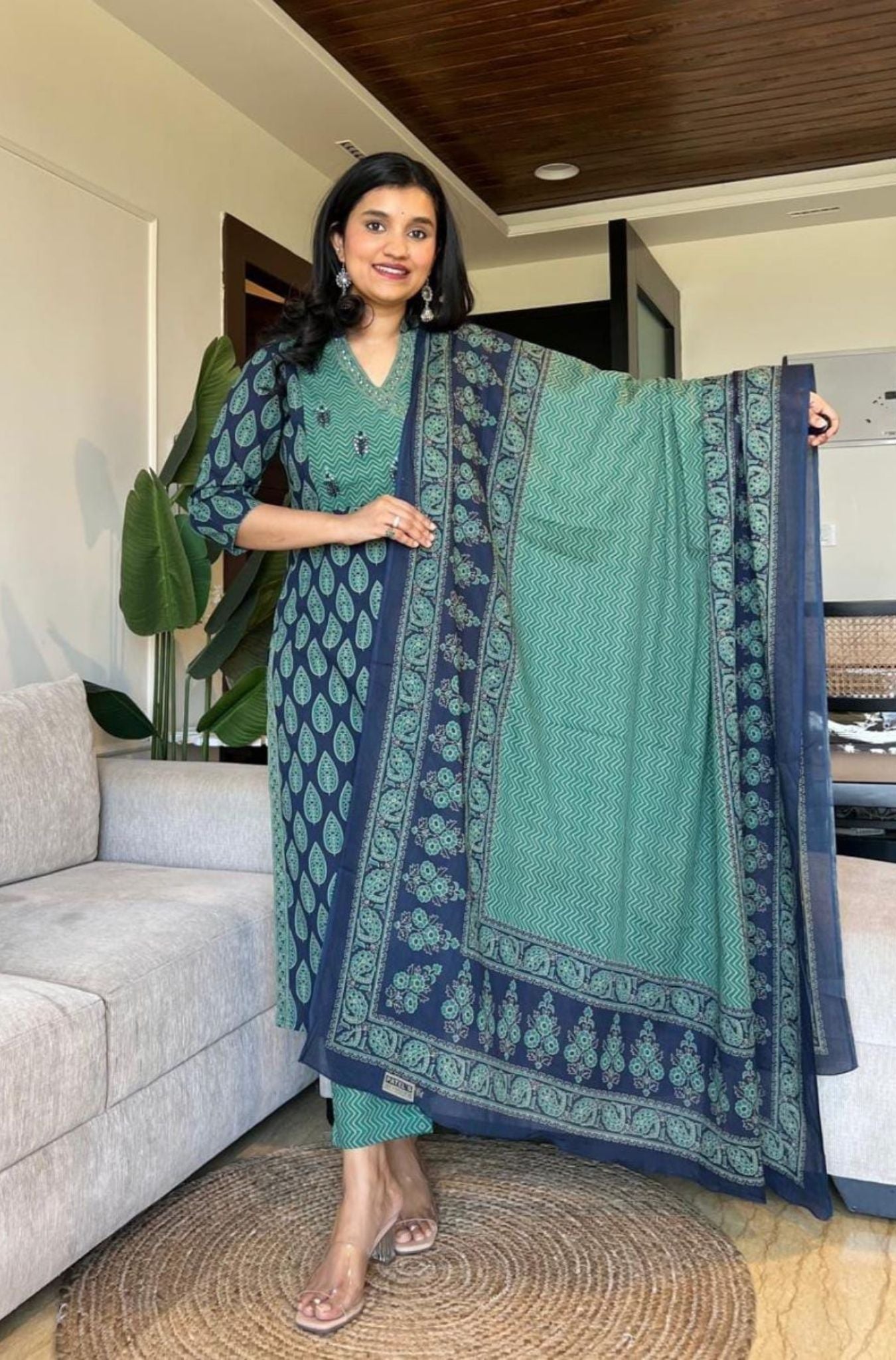 Pure Cotton Ajrakh Pattern Kurta With Dupatta Set