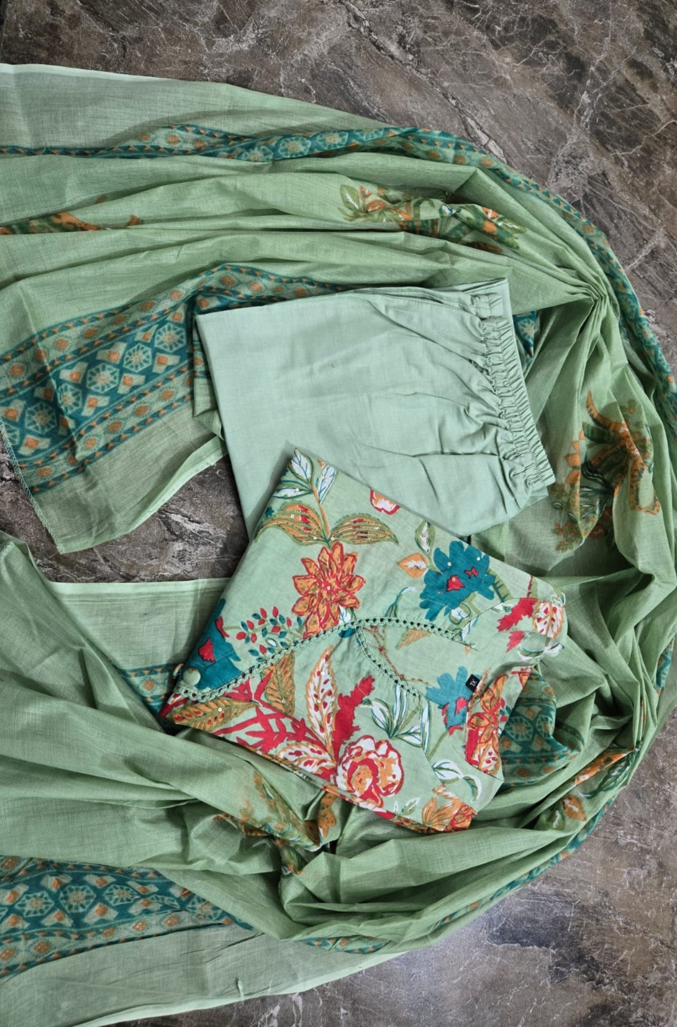 Stunning Pure Cotton Printed With Hand Work Suit Set