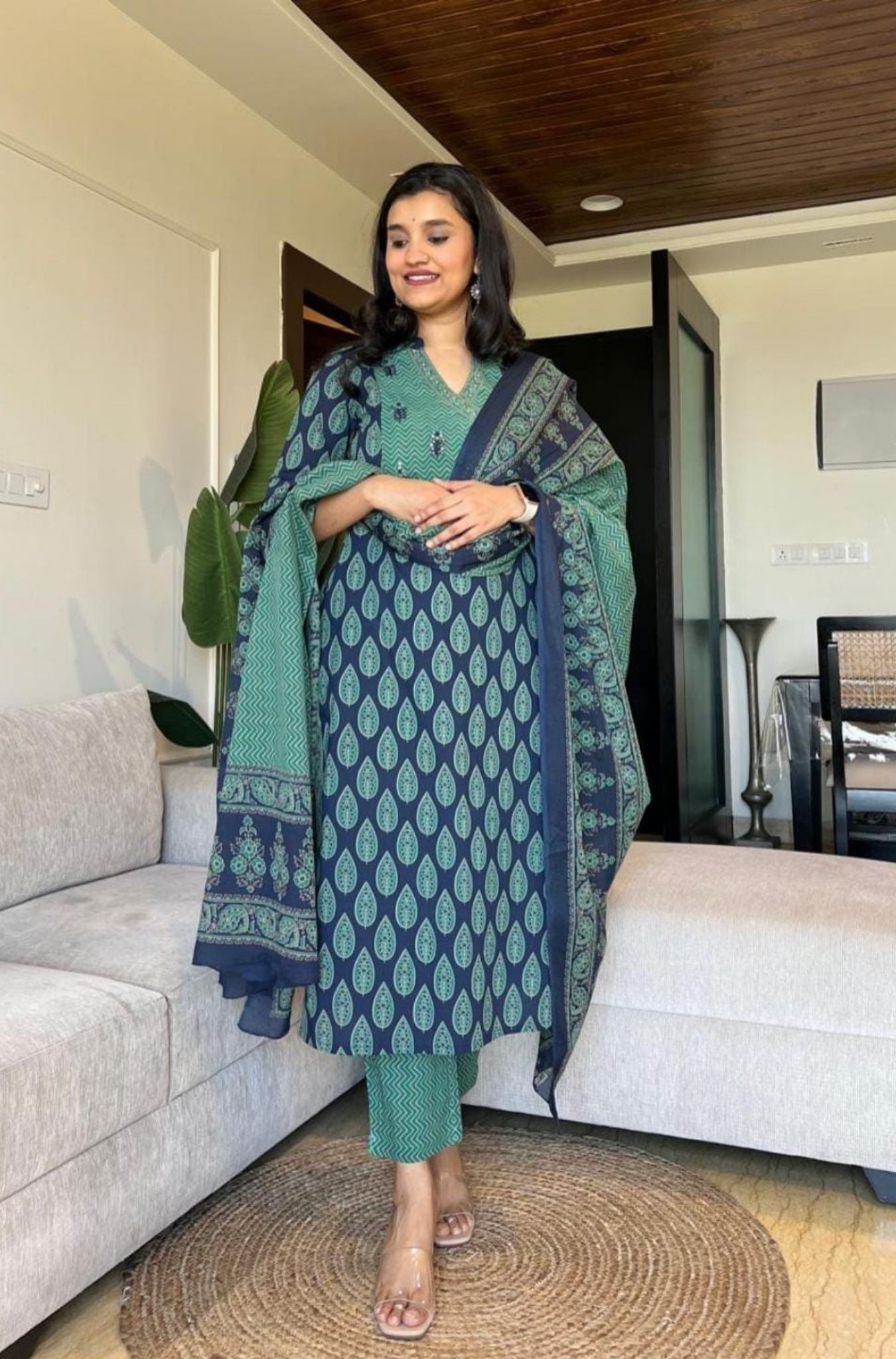 Pure Cotton Ajrakh Pattern Kurta With Dupatta Set