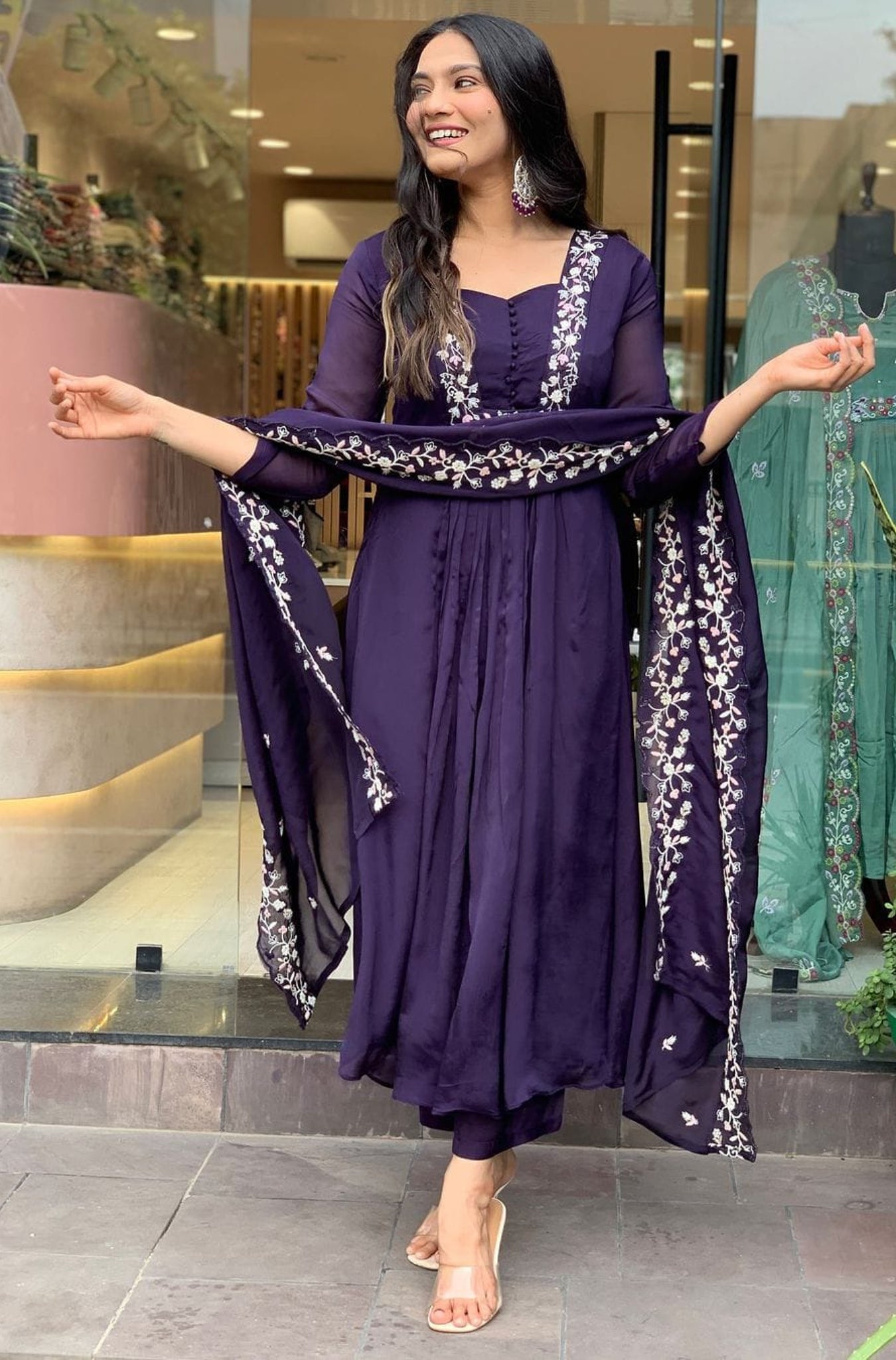 Purple Pure Cotton Embroidered Suit Set