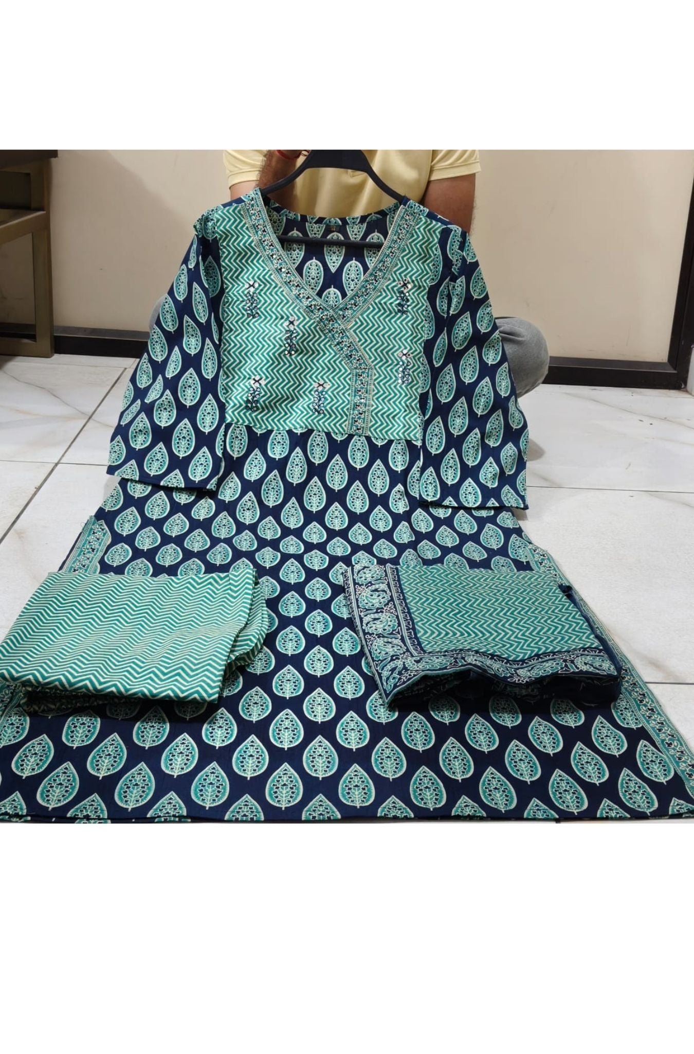 Pure Cotton Ajrakh Pattern Kurta With Dupatta Set