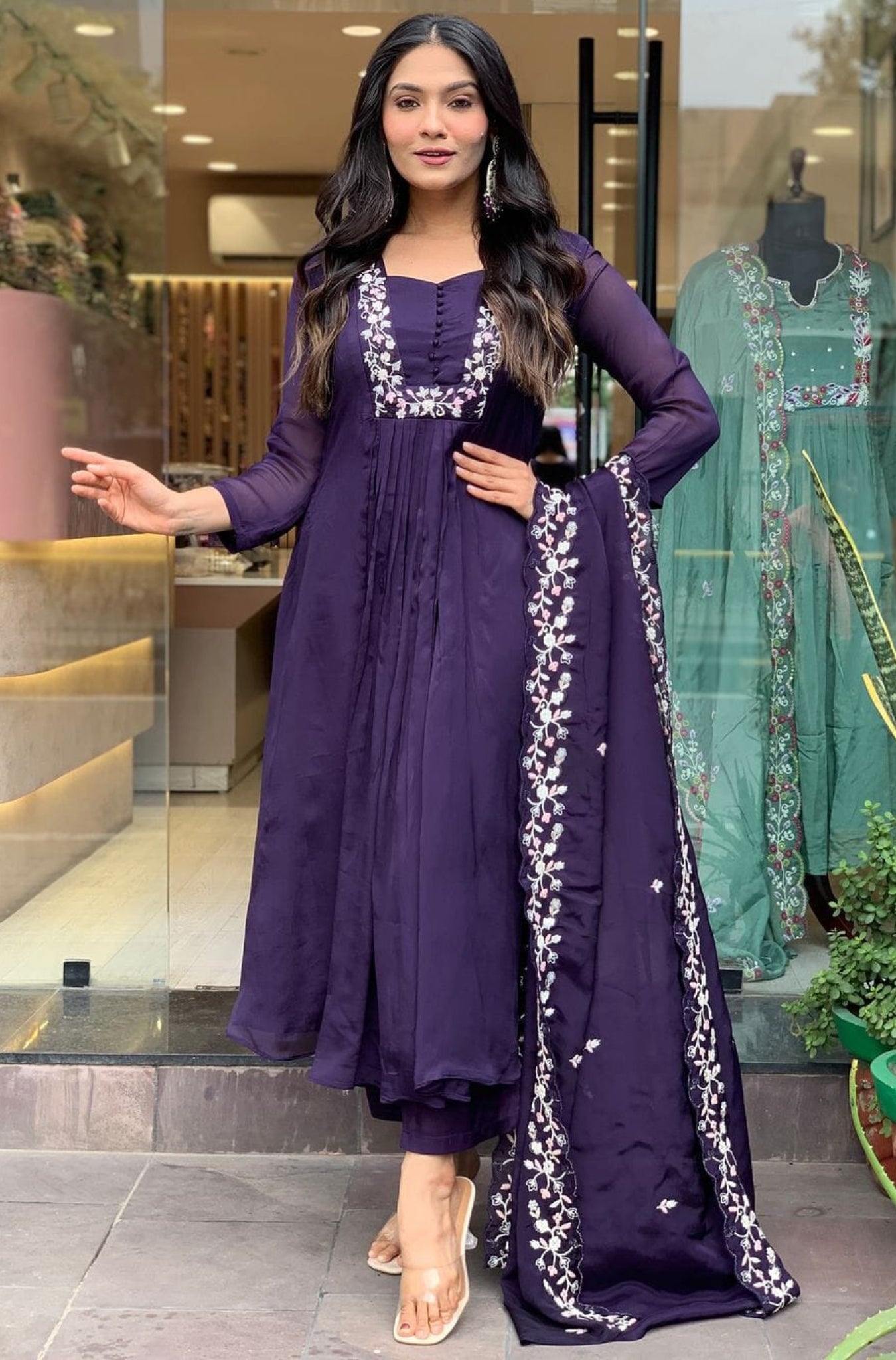 Purple Pure Cotton Embroidered Suit Set