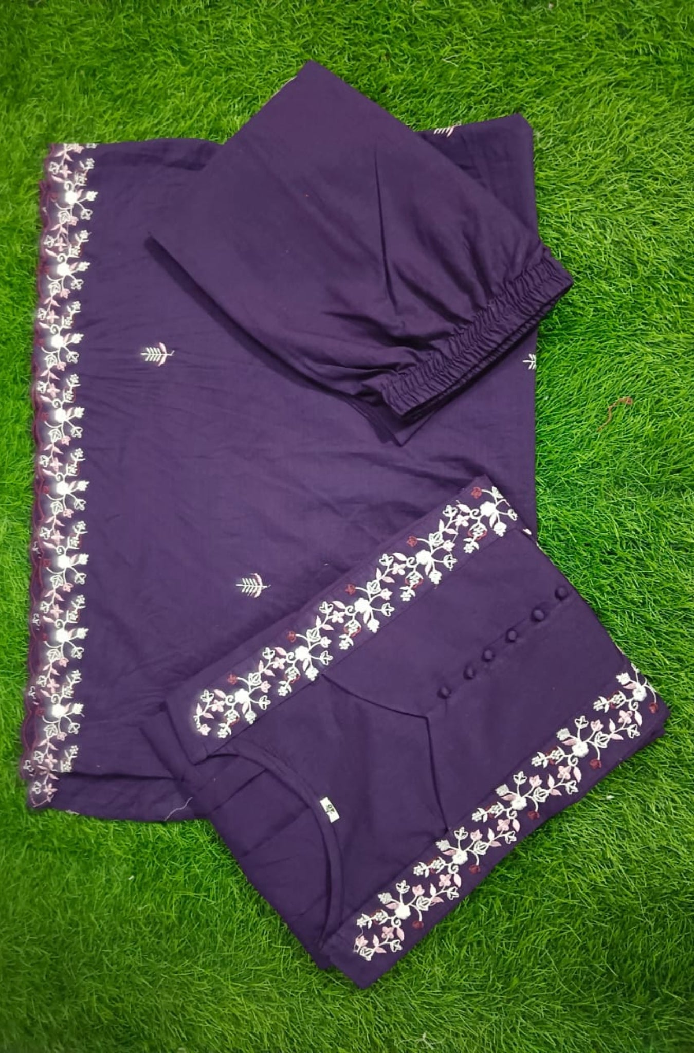 Purple Pure Cotton Embroidered Suit Set