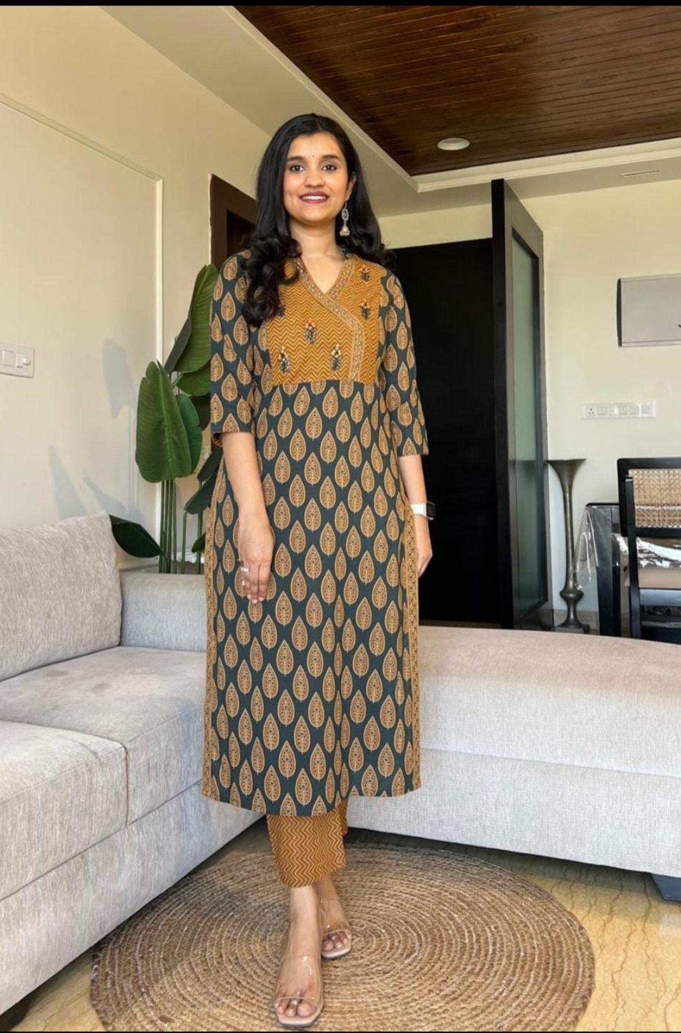 Pure Cotton Ajrakh Pattern Kurta With Dupatta Set