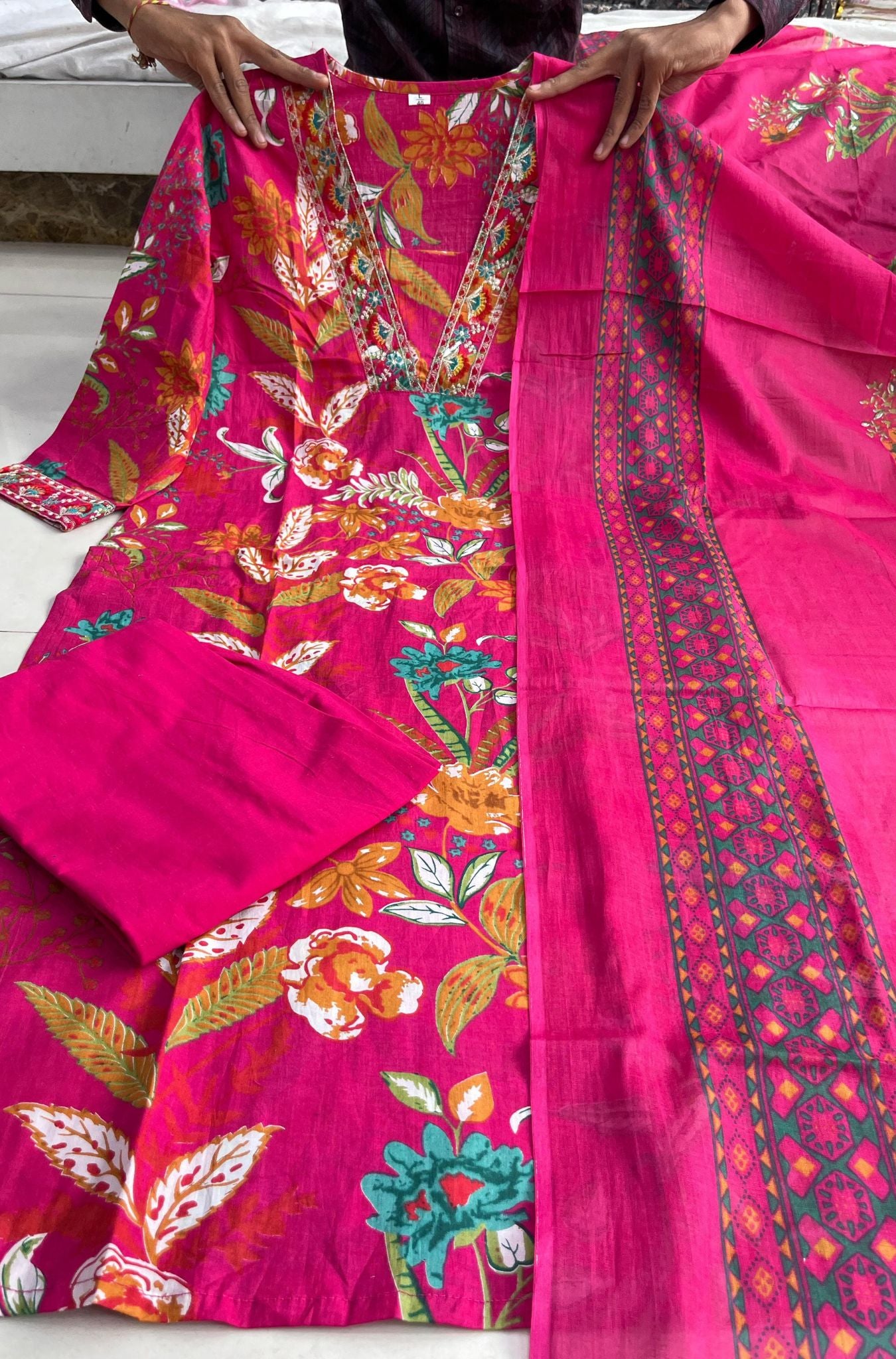 Stylish Neck Design Cotton Kurti Pant Dupatta Set