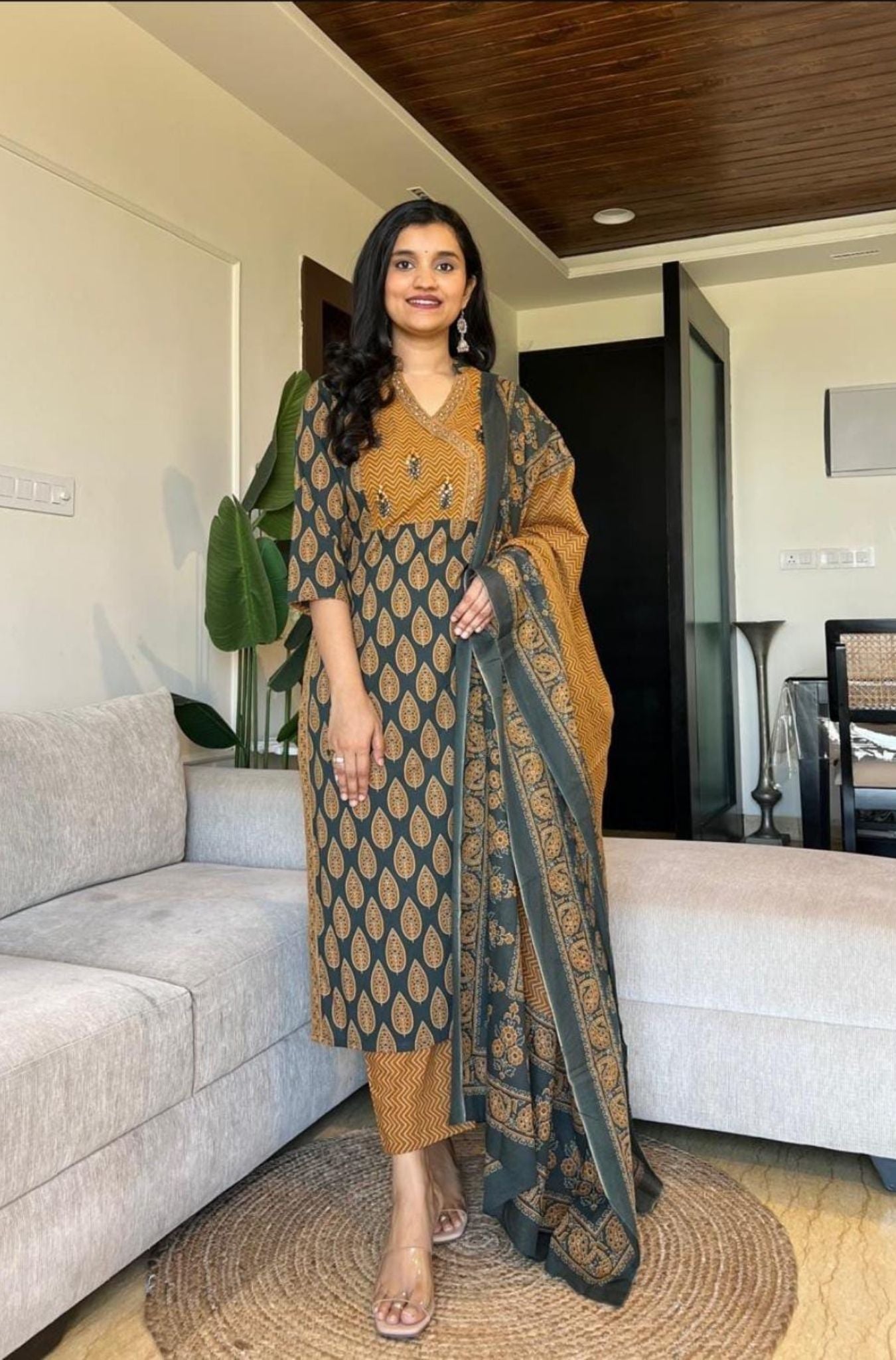 Pure Cotton Ajrakh Pattern Kurta With Dupatta Set