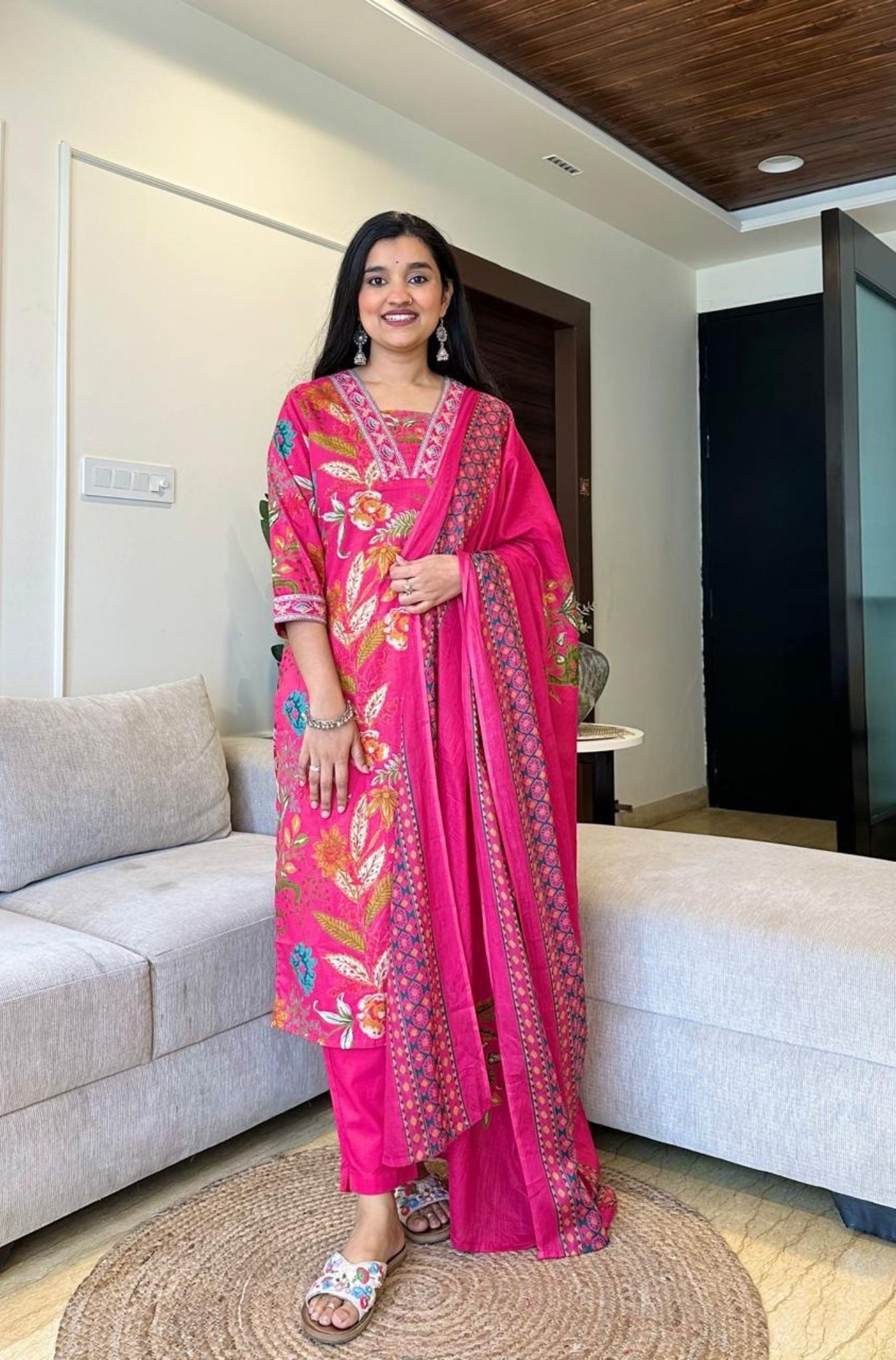 Stylish Neck Design Cotton Kurti Pant Dupatta Set