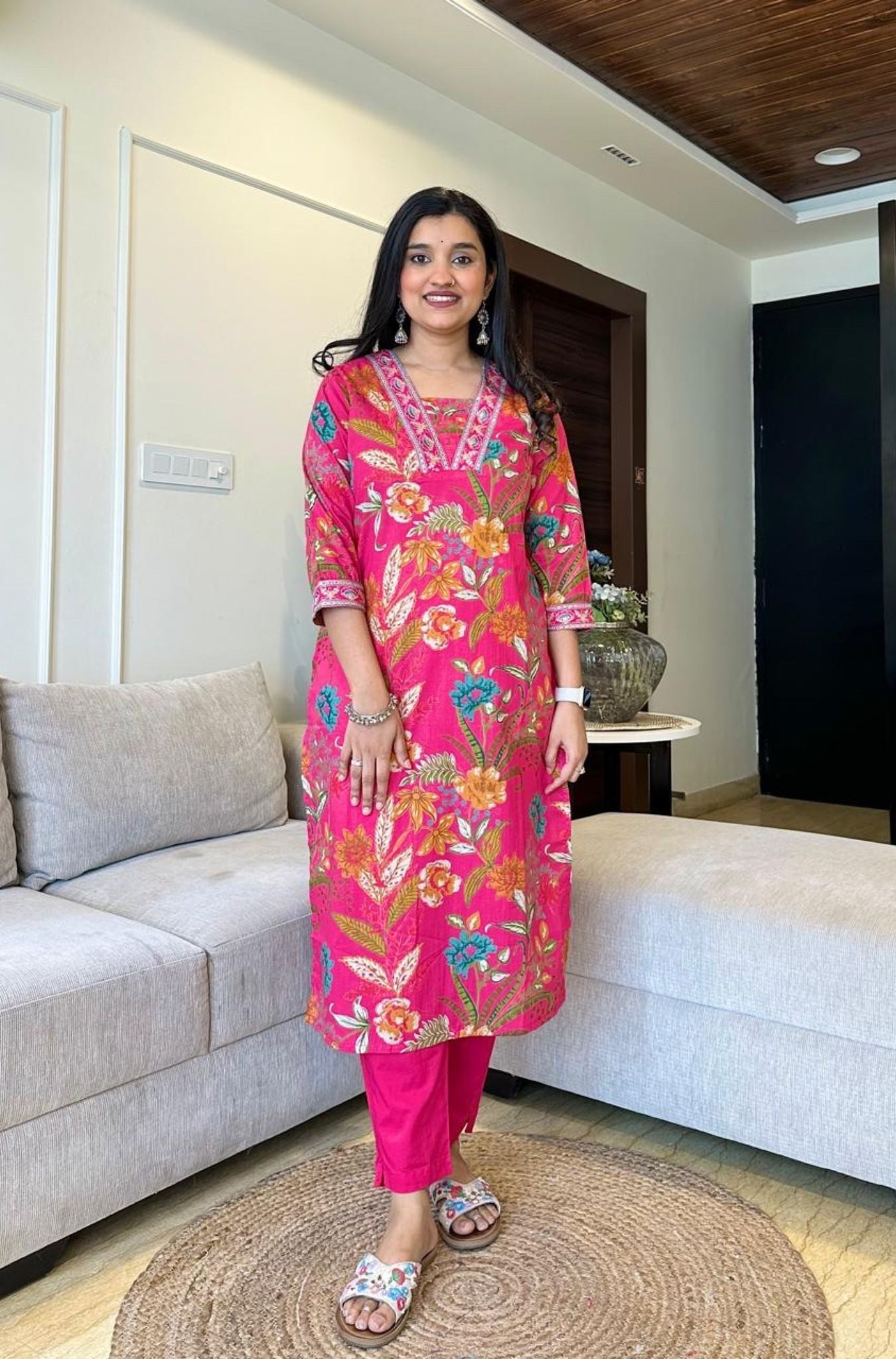 Stylish Neck Design Cotton Kurti Pant Dupatta Set