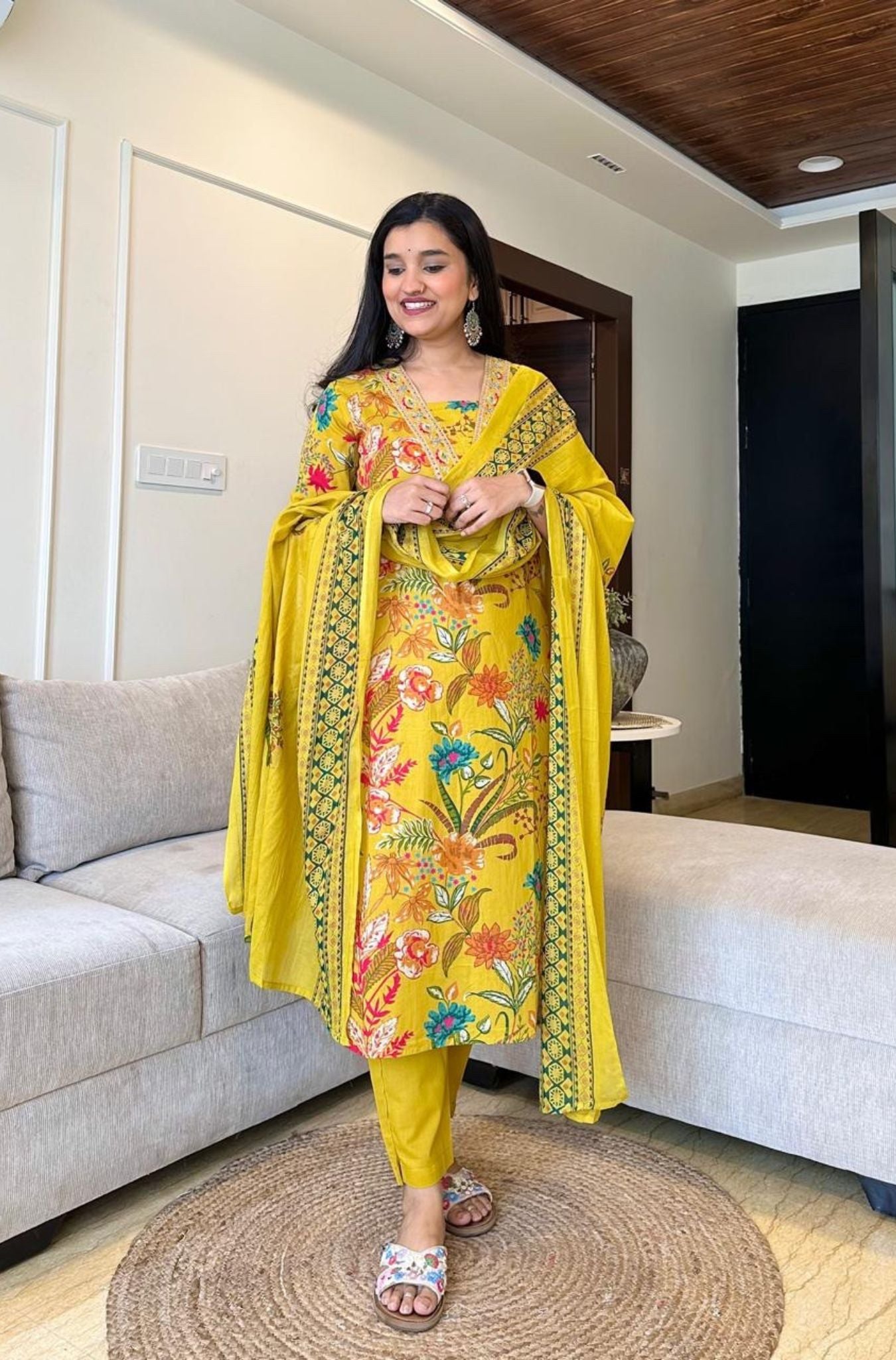 Stylish Neck Design Cotton Kurti Pant Dupatta Set