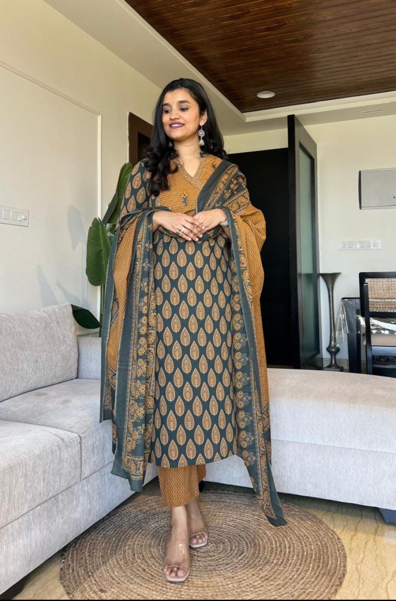 Pure Cotton Ajrakh Pattern Kurta With Dupatta Set