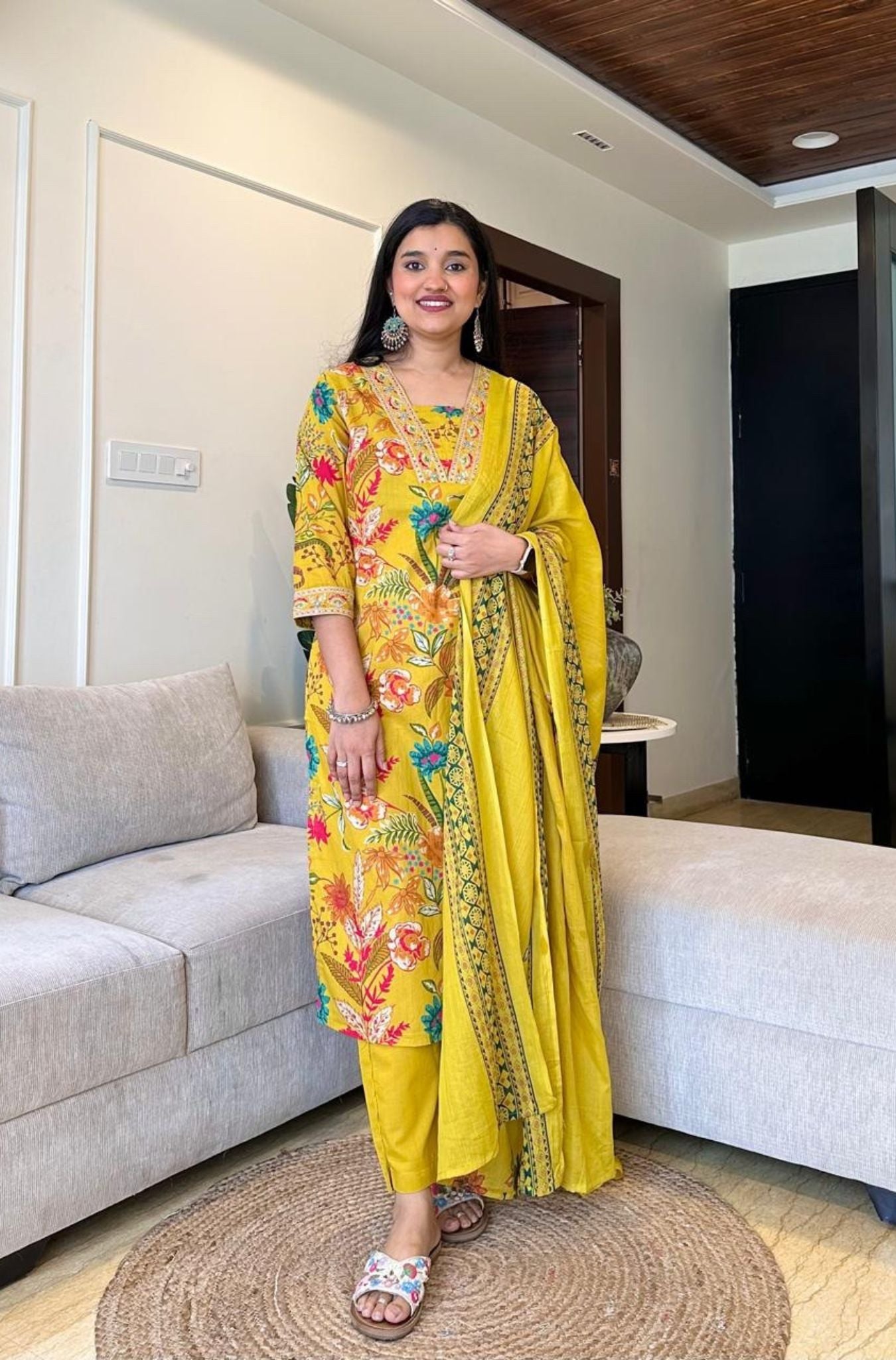 Stylish Neck Design Cotton Kurti Pant Dupatta Set