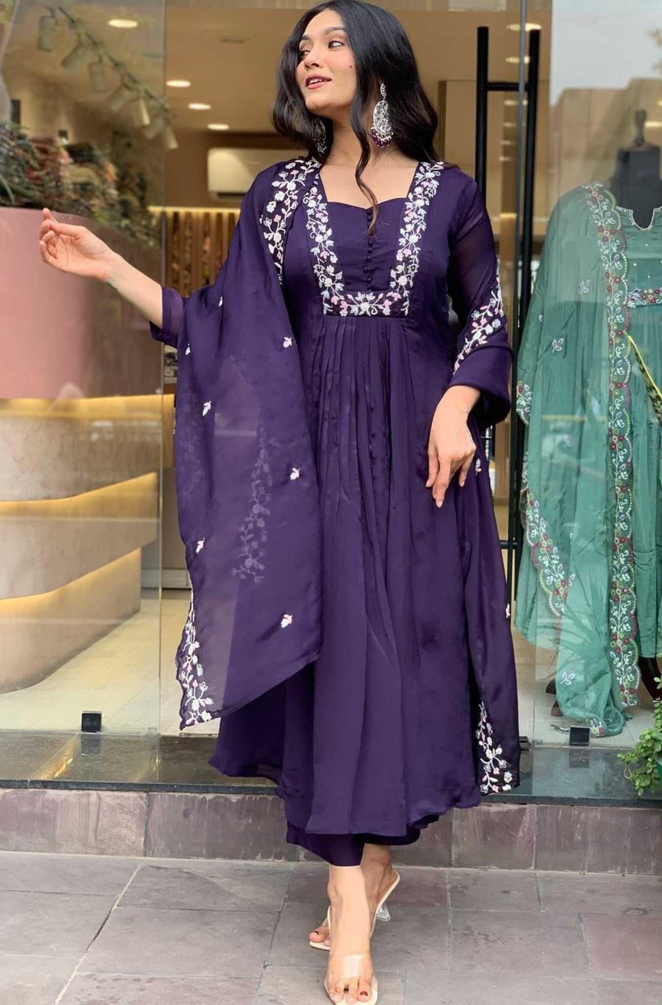 Purple Pure Cotton Embroidered Suit Set