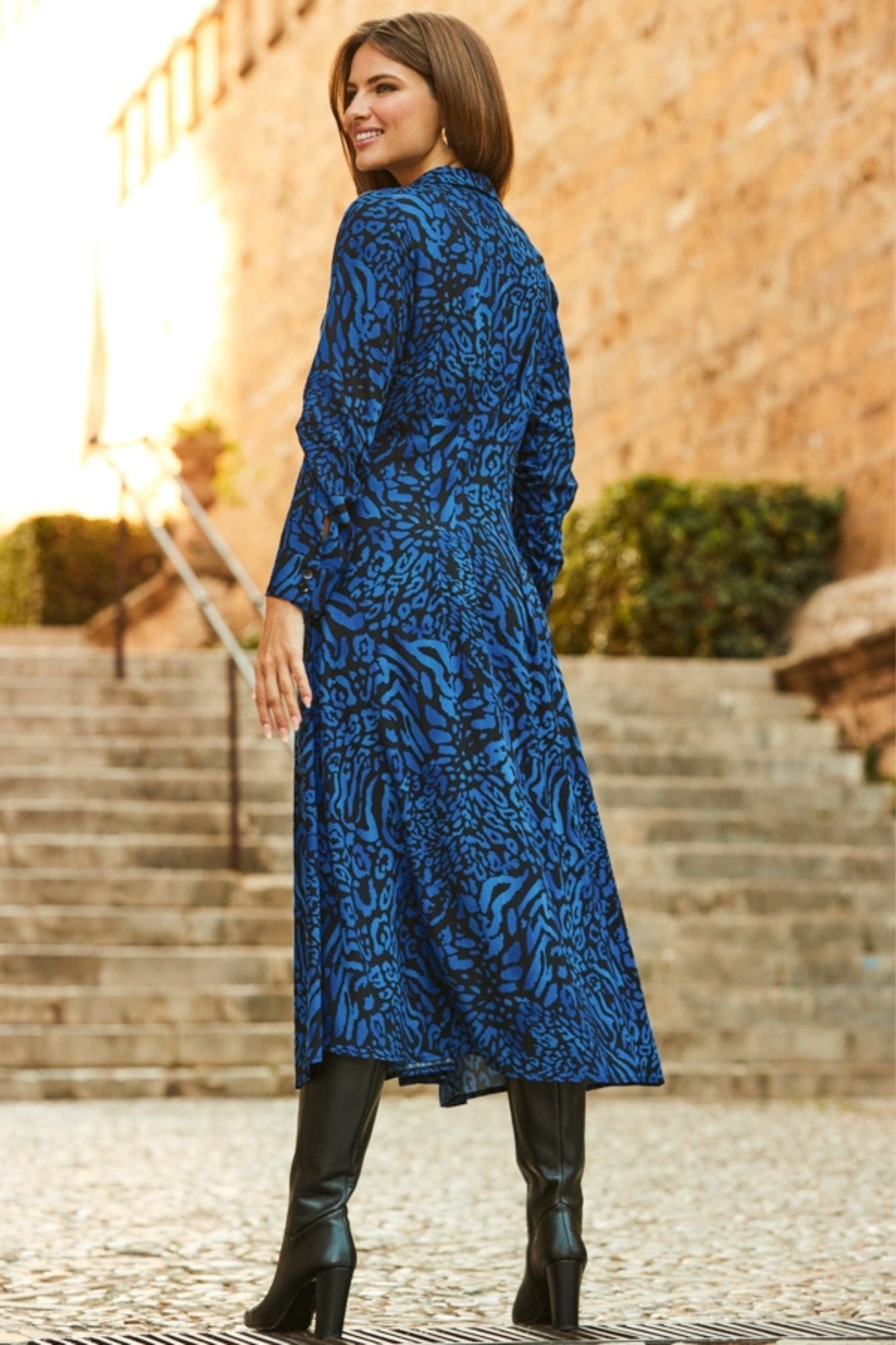 Blue And Black Animal Printed  Designer Shirt Dress