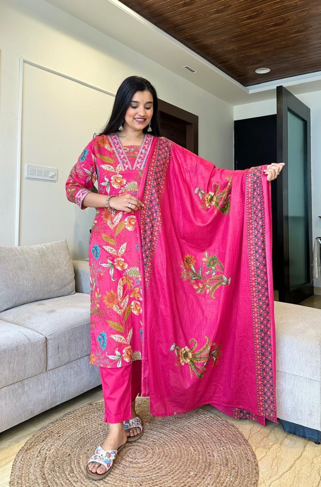 Stylish Neck Design Cotton Kurti Pant Dupatta Set