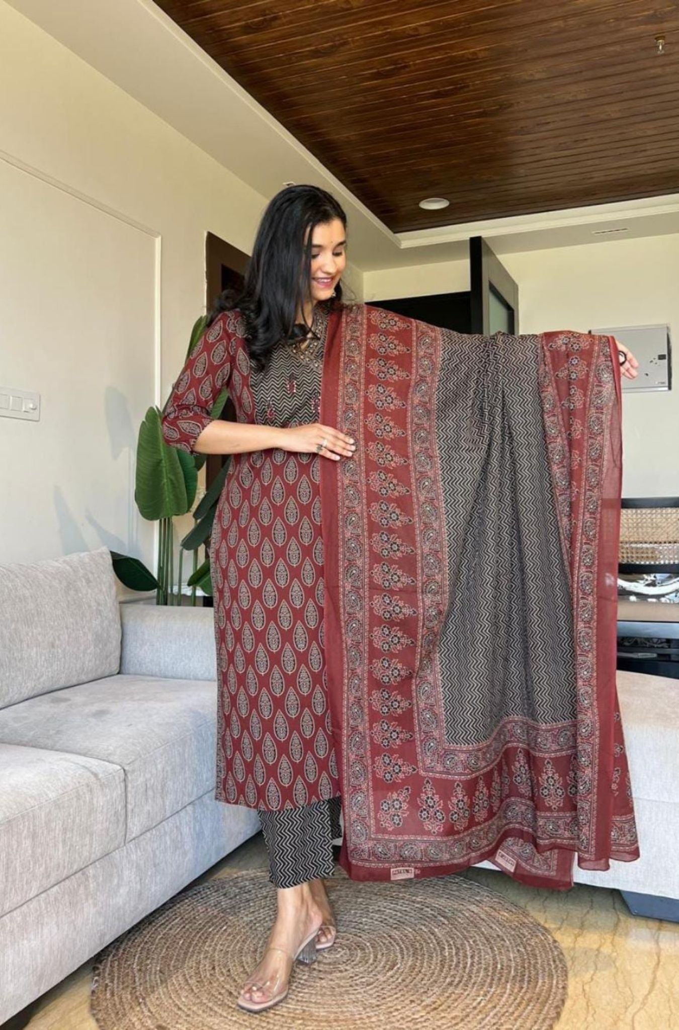 Pure Cotton Ajrakh Pattern Kurta With Dupatta Set