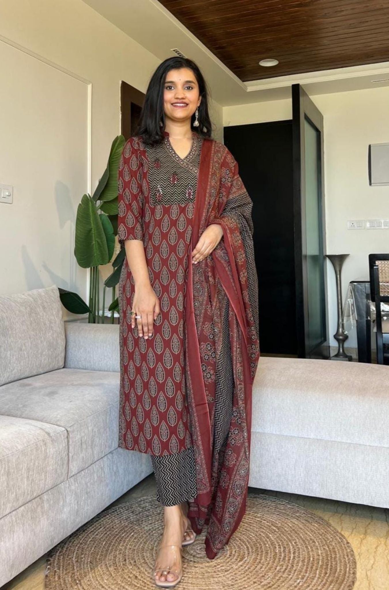 Pure Cotton Ajrakh Pattern Kurta With Dupatta Set