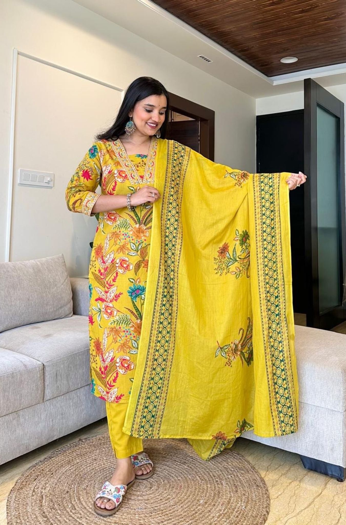 Stylish Neck Design Cotton Kurti Pant Dupatta Set