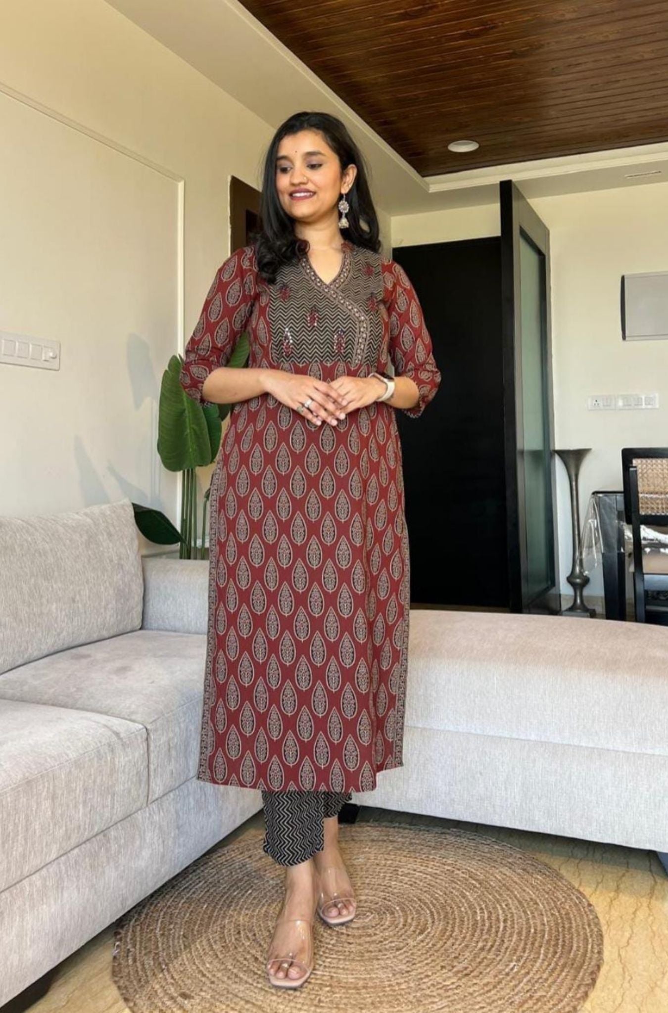 Pure Cotton Ajrakh Pattern Kurta With Dupatta Set