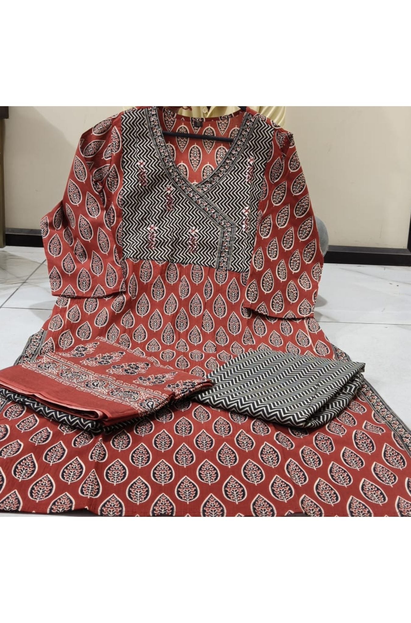 Pure Cotton Ajrakh Pattern Kurta With Dupatta Set