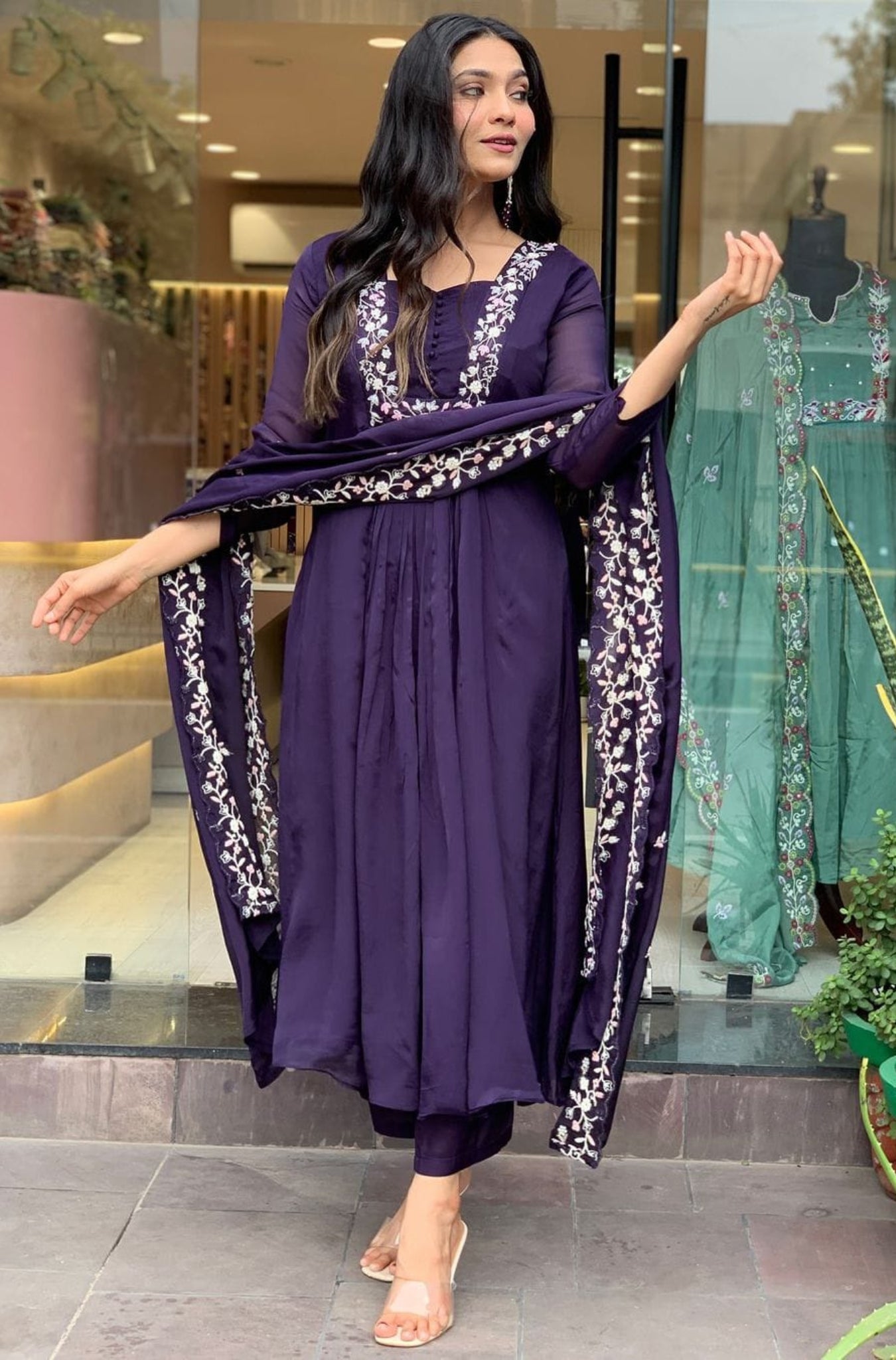 Purple Pure Cotton Embroidered Suit Set
