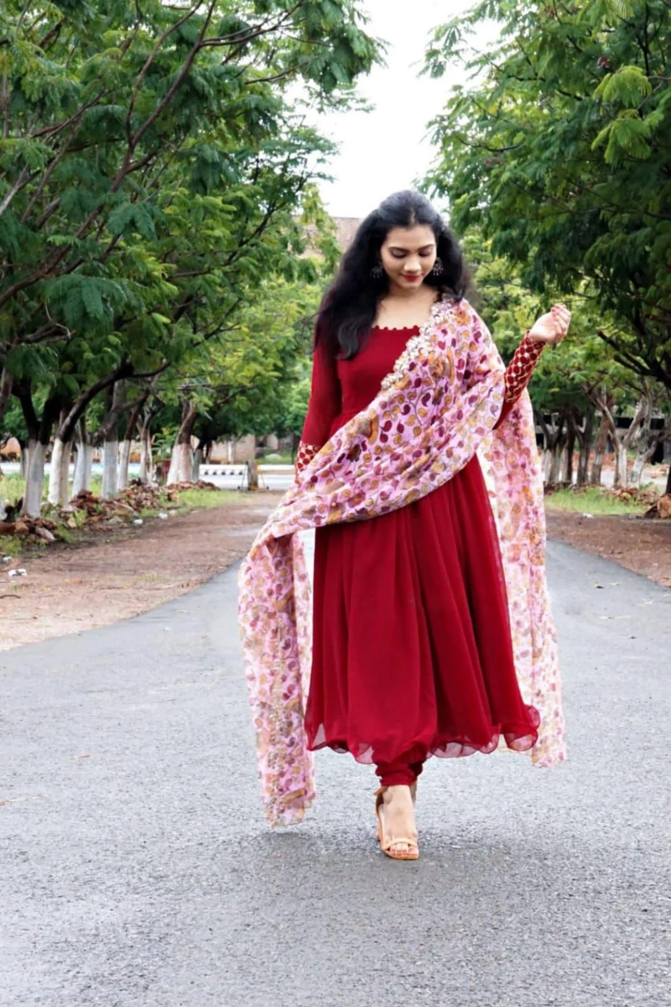 Georgette Plain Anarkali Suit In Maroon Color With Dupatta