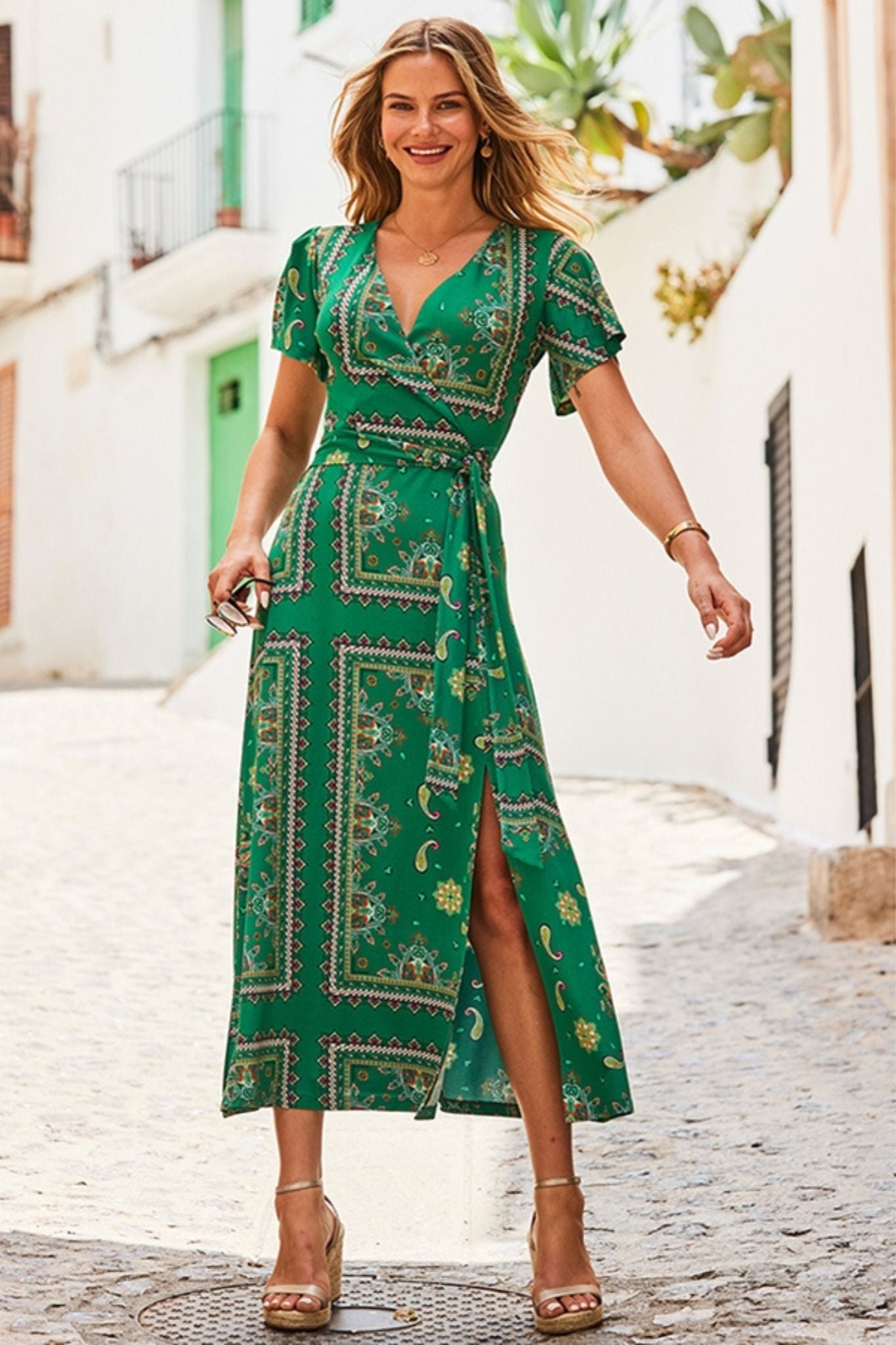 Green Printed Wrap Maxi Dress
