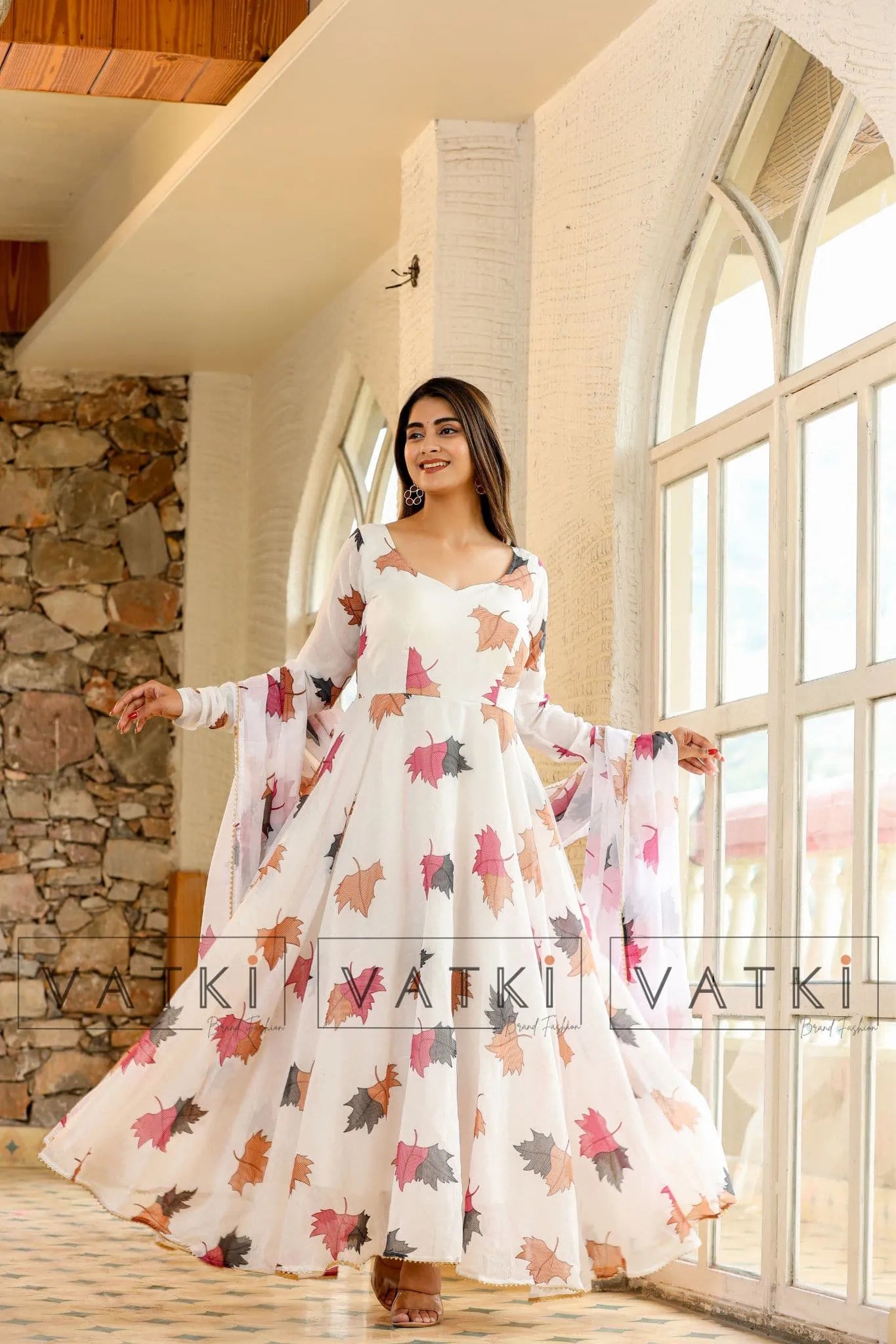 Traditional White Printed Women Beautiful Anarkali Gown