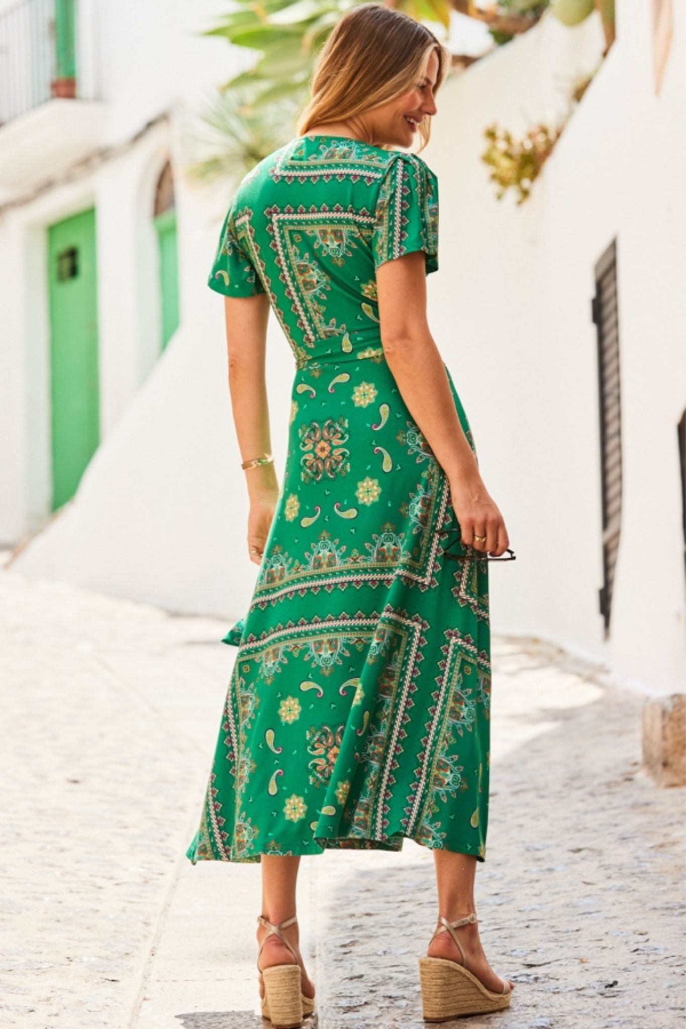 Green Printed Wrap Maxi Dress