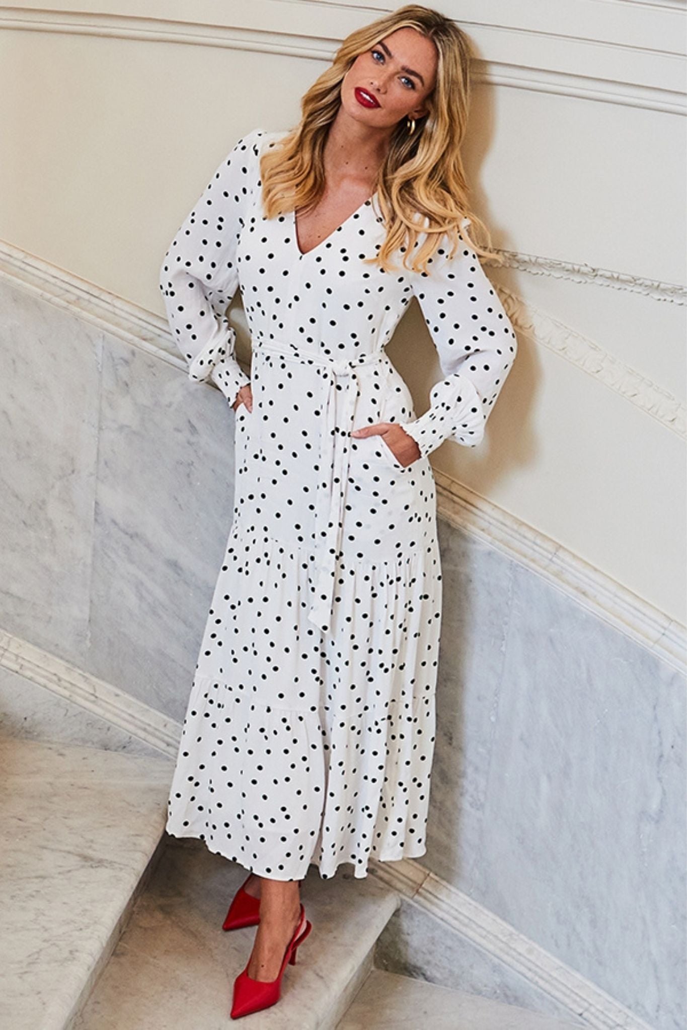 White Polka Dot Printed Dress With Side Pocket