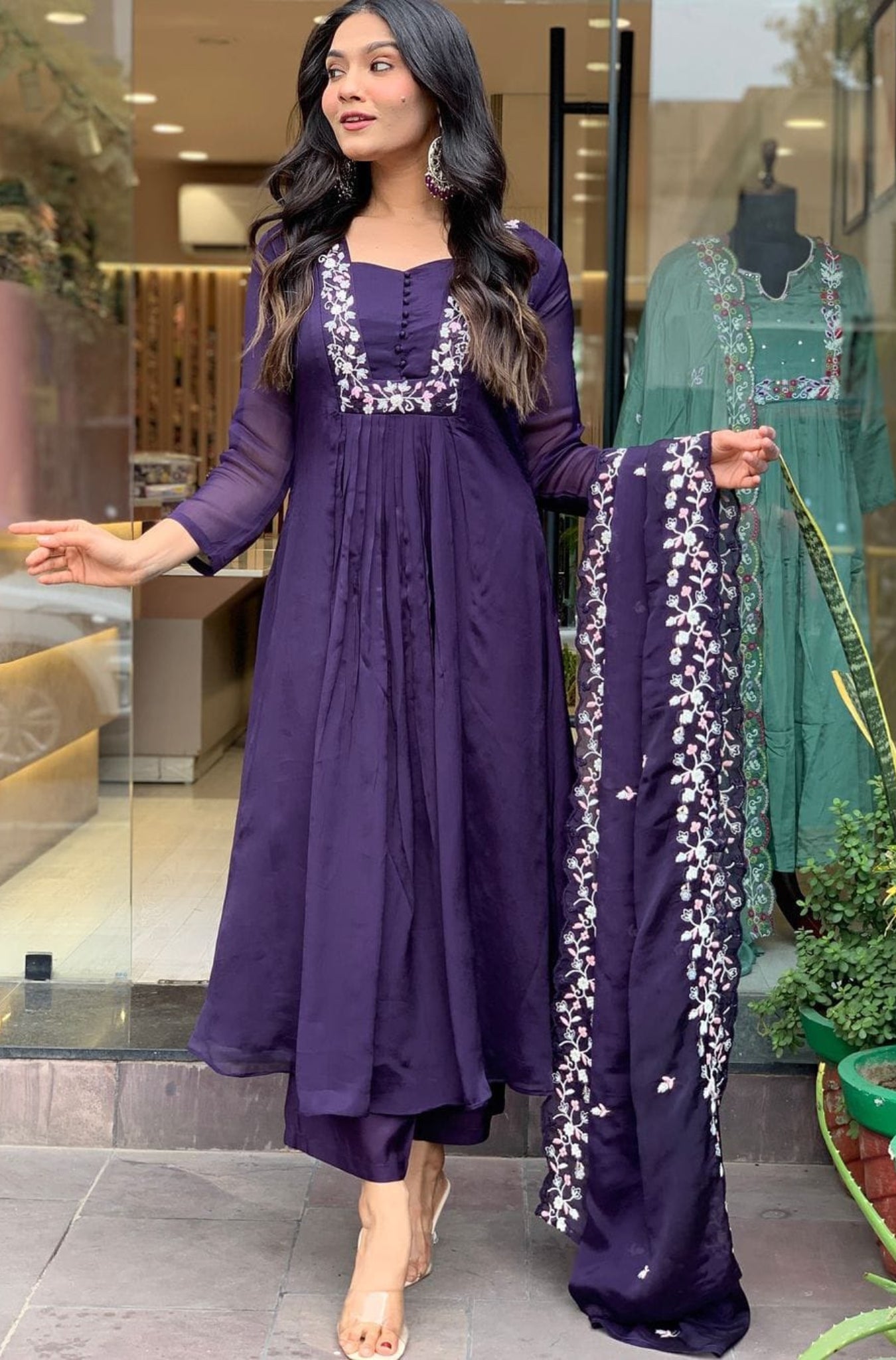 Purple Pure Cotton Embroidered Suit Set