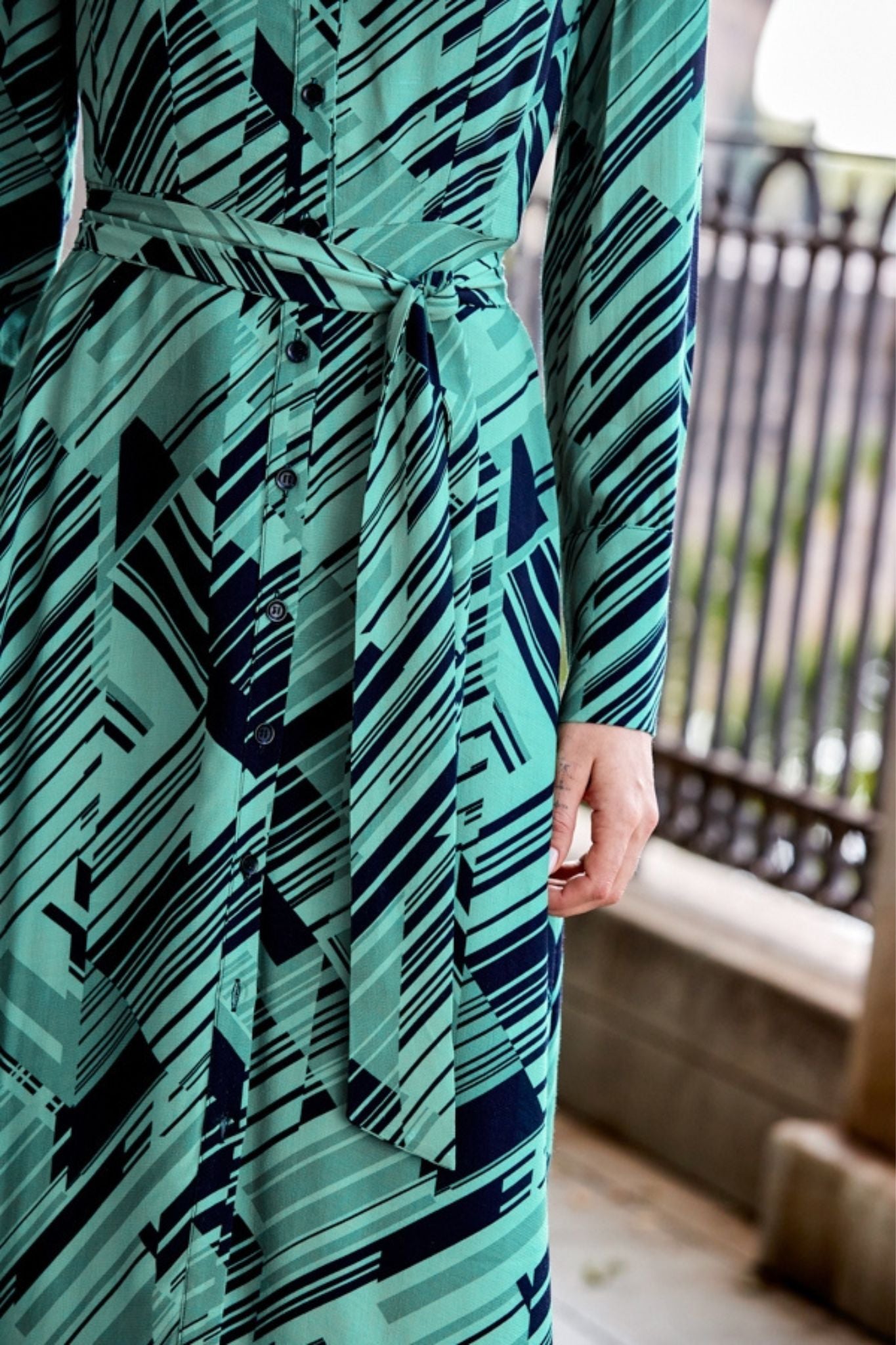 Green And Black Printed Geometric Designer Shirt Dress