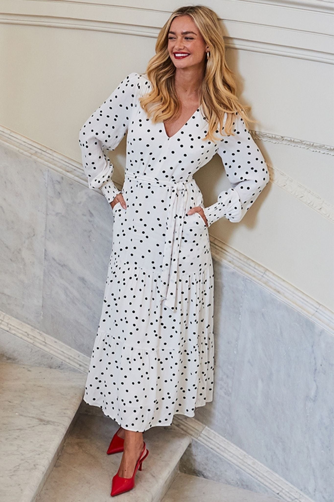 White Polka Dot Printed Dress With Side Pocket
