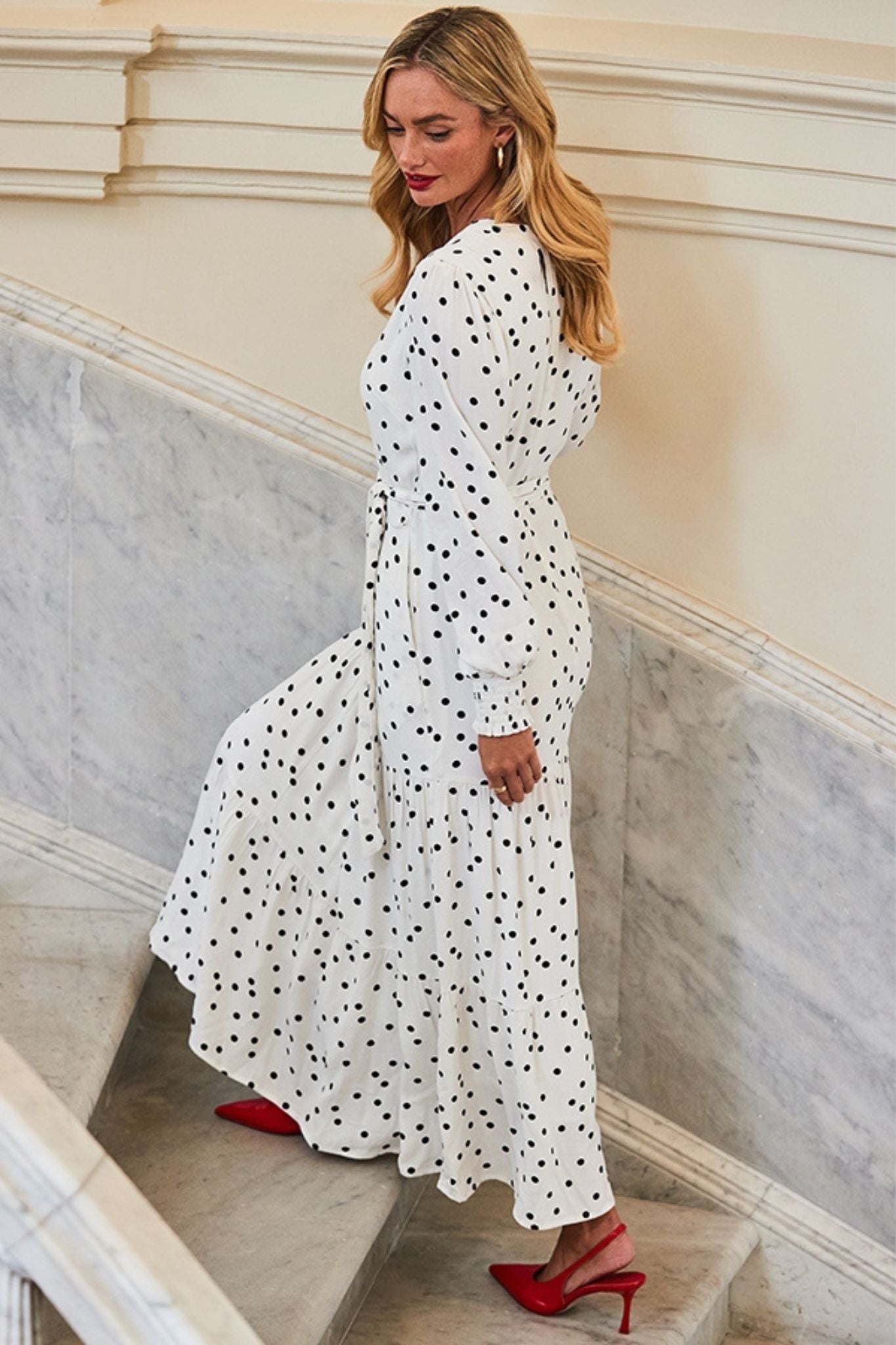 White Polka Dot Printed Dress With Side Pocket