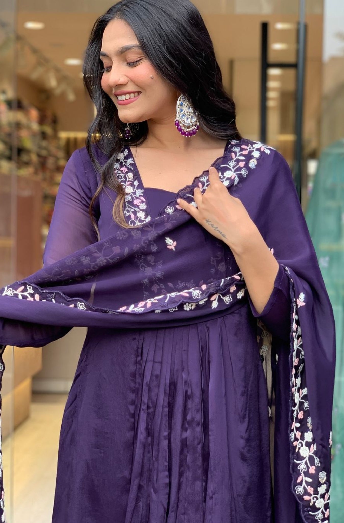 Purple Pure Cotton Embroidered Suit Set