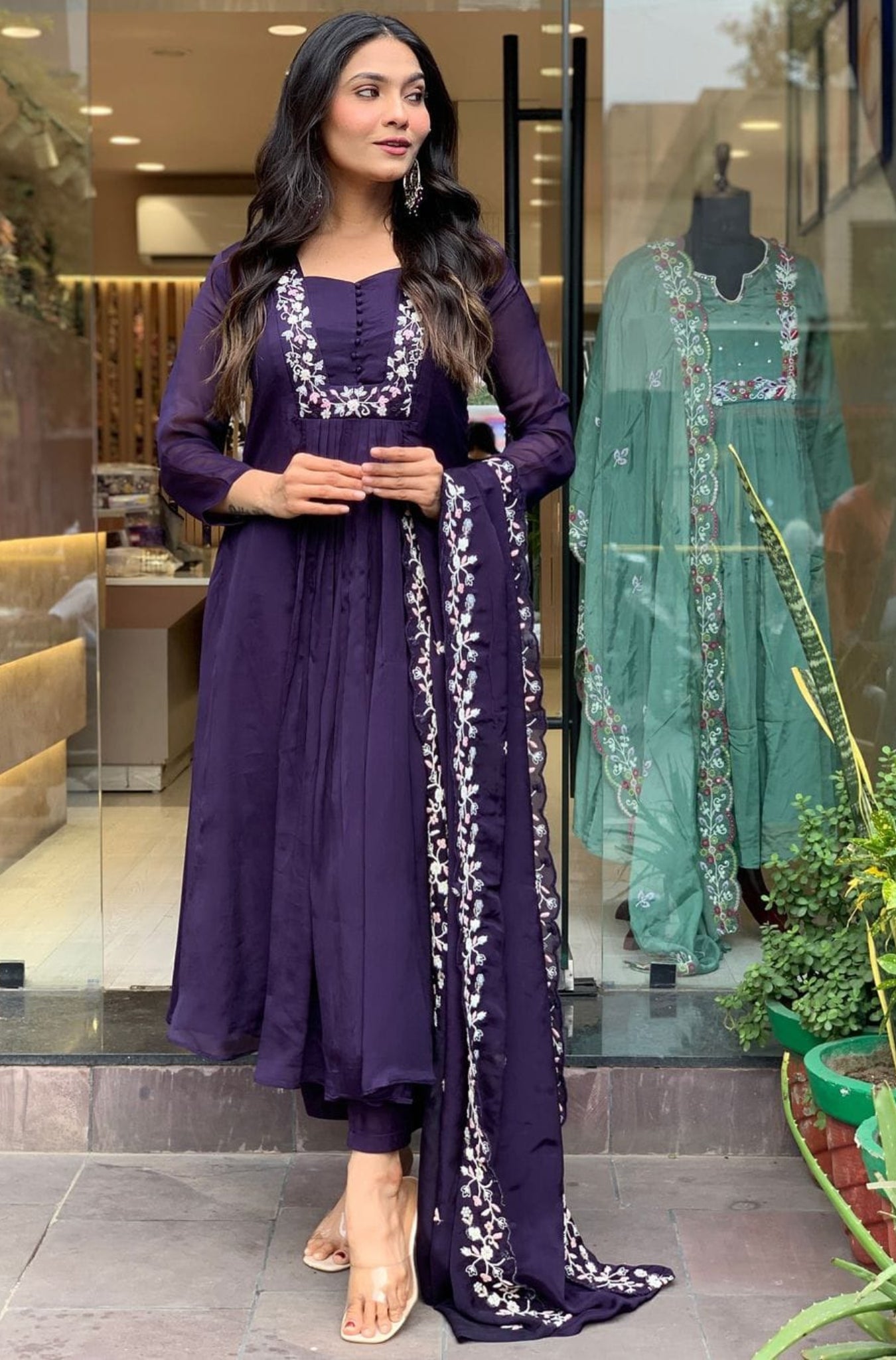 Purple Pure Cotton Embroidered Suit Set