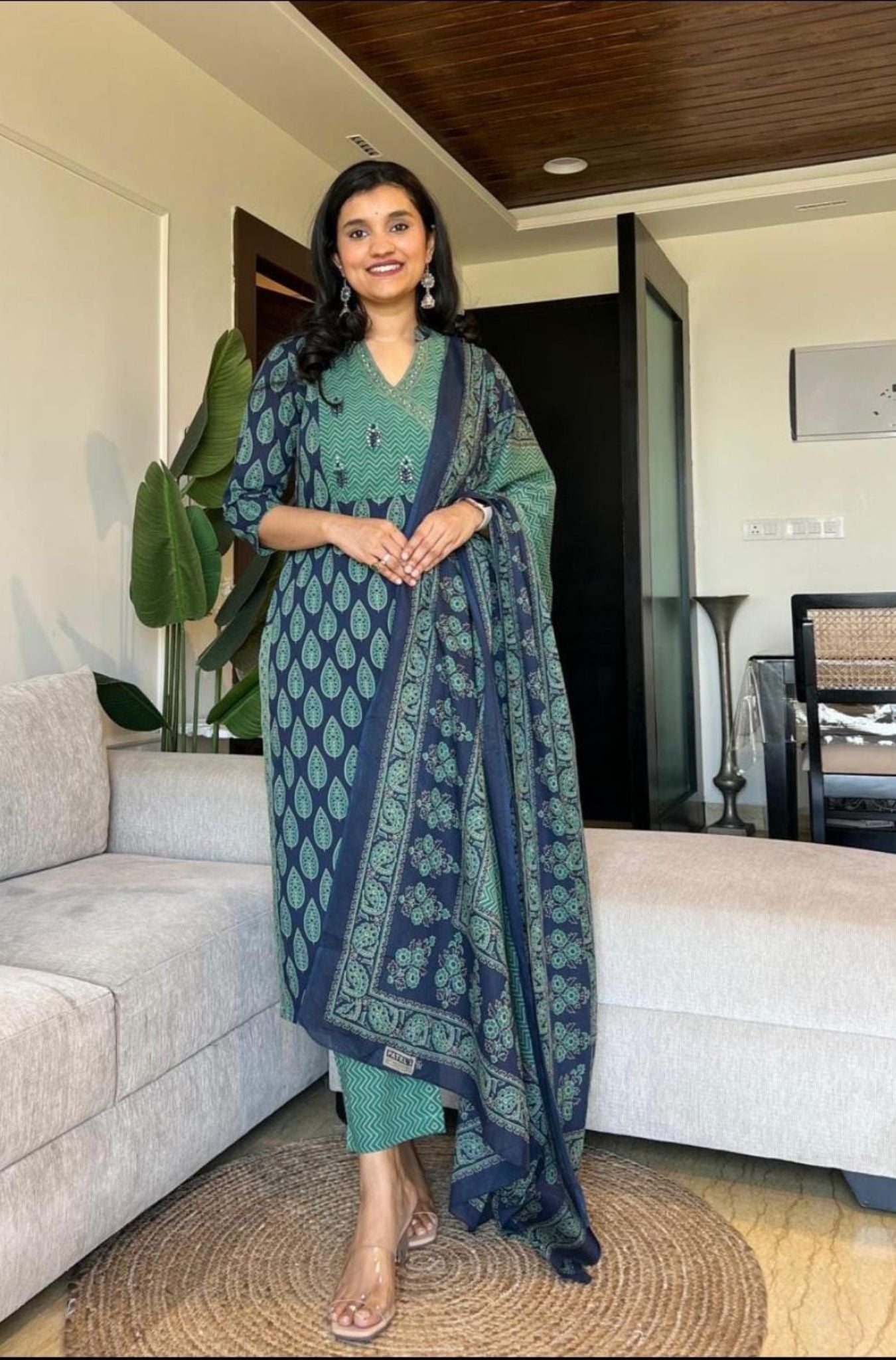 Pure Cotton Ajrakh Pattern Kurta With Dupatta Set