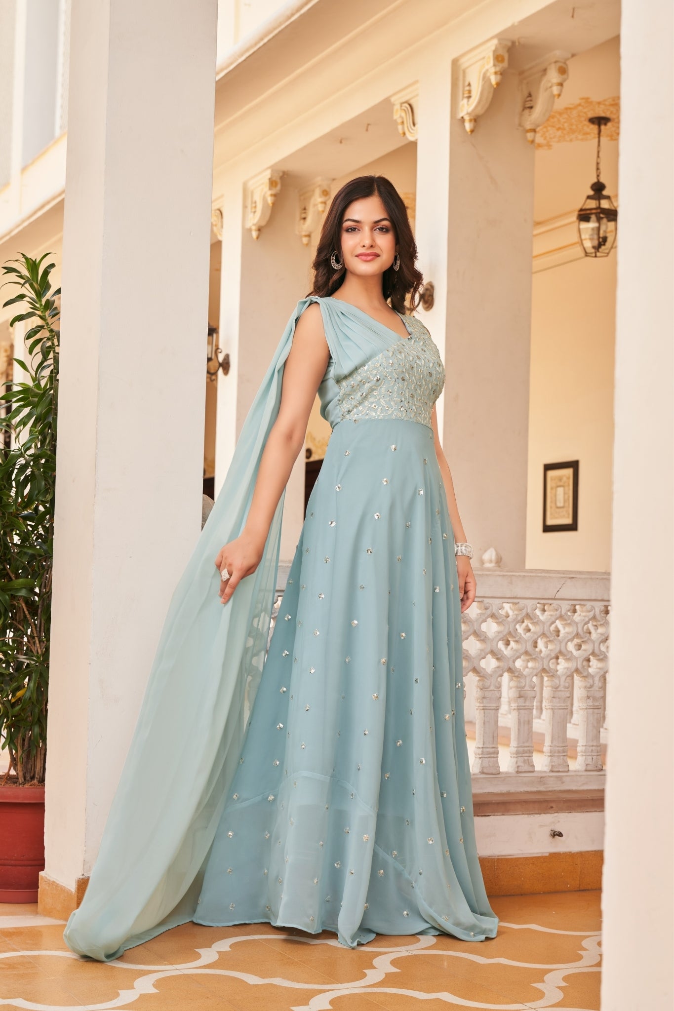 Sky Blue Embroidery Work Georgette Stylish Gown