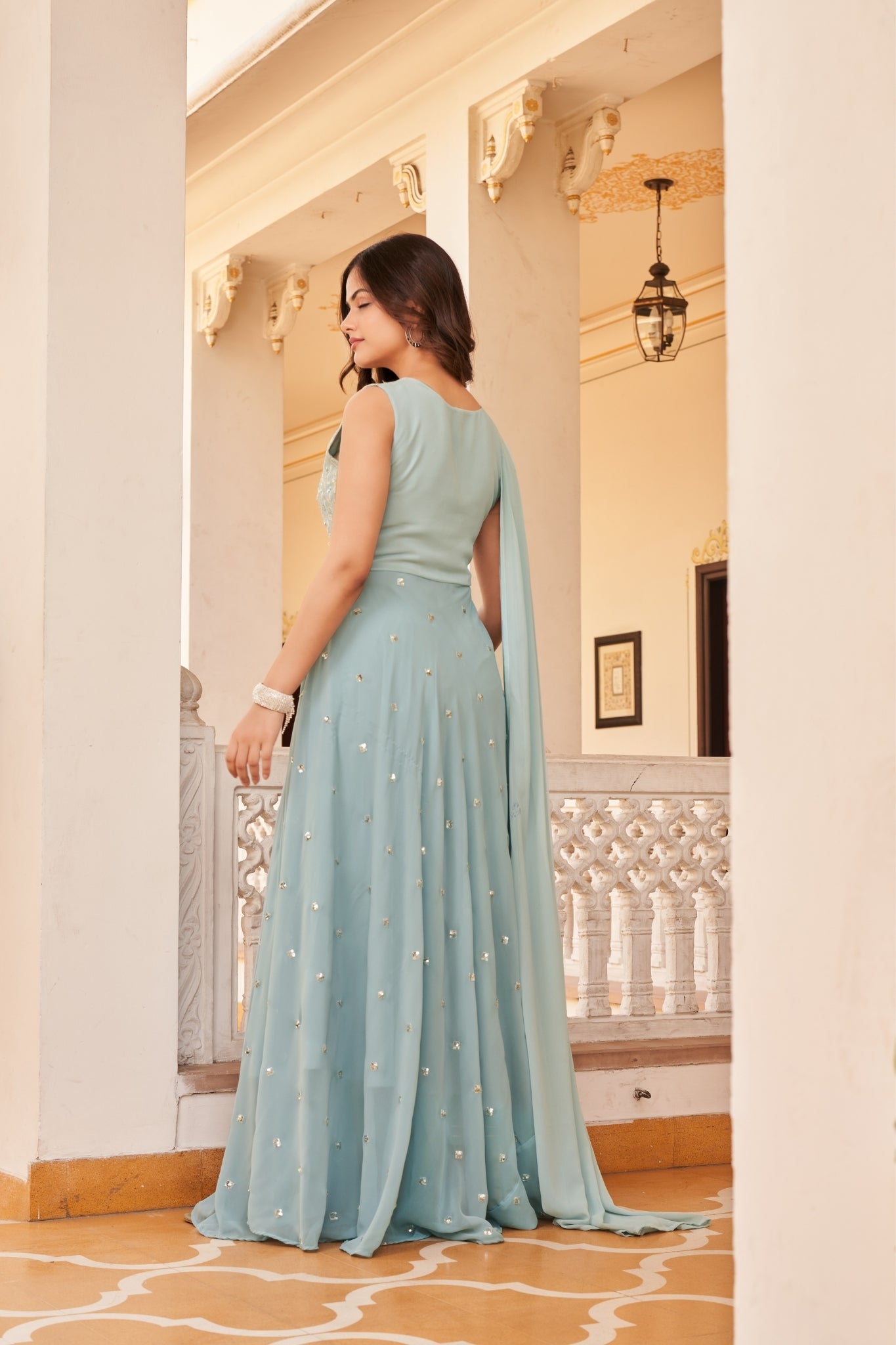 Sky Blue Embroidery Work Georgette Stylish Gown