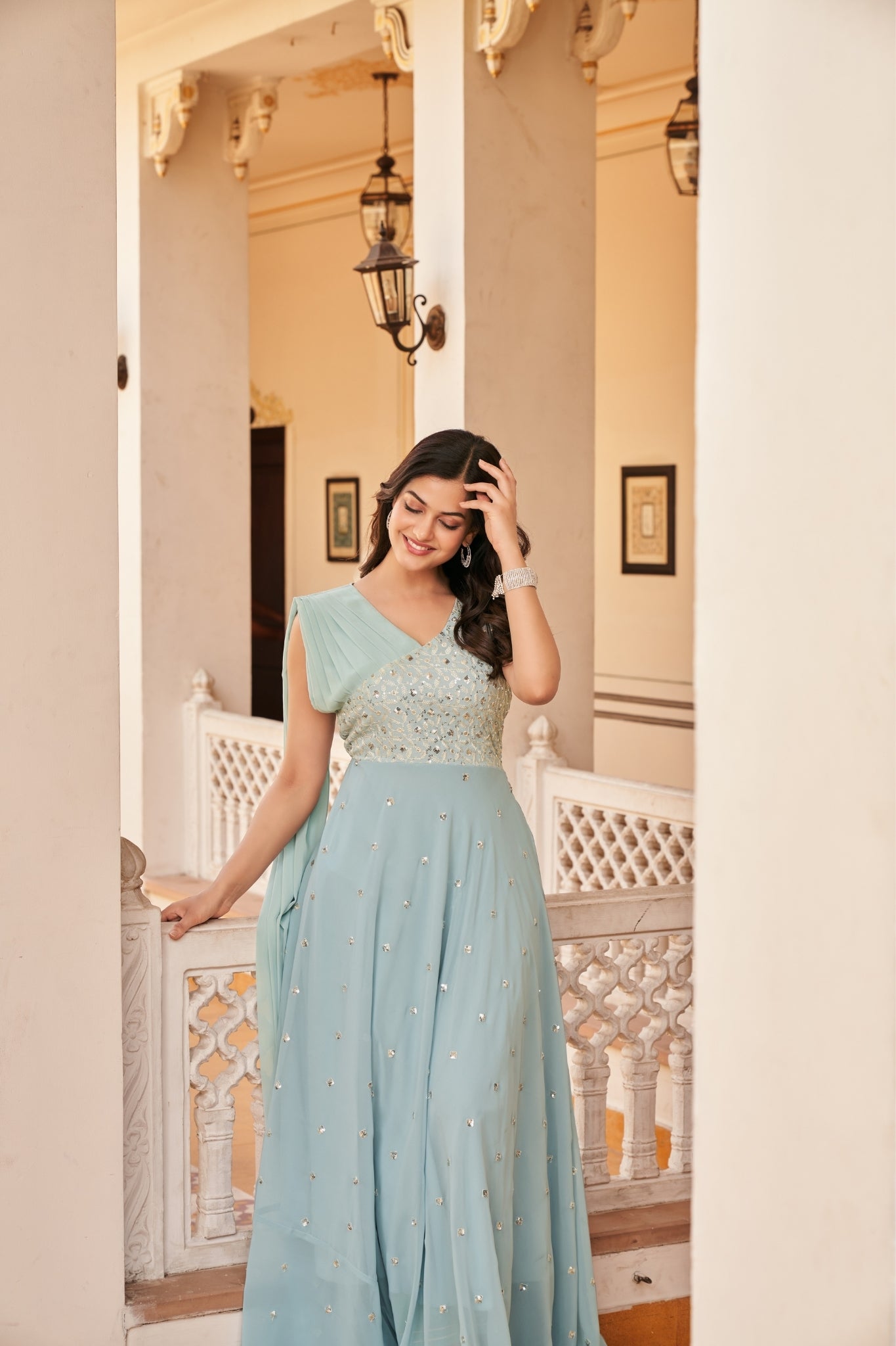 Sky Blue Embroidery Work Georgette Stylish Gown