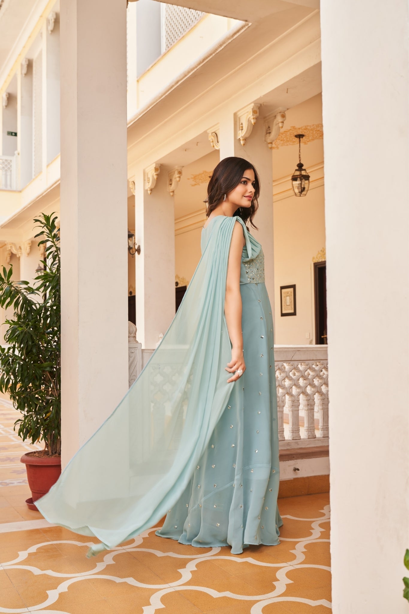 Sky Blue Embroidery Work Georgette Stylish Gown