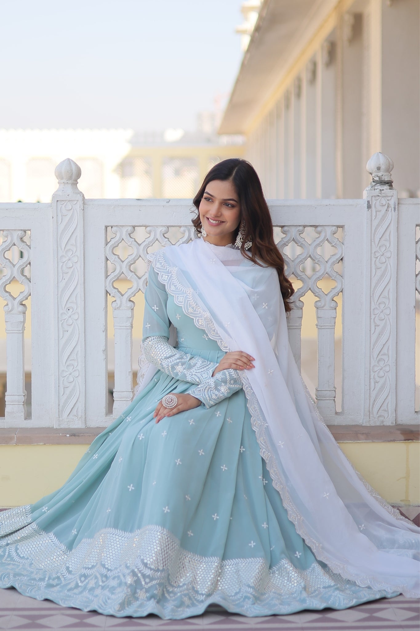 Georgette Sky Blue Designer Readymade Gown Collections