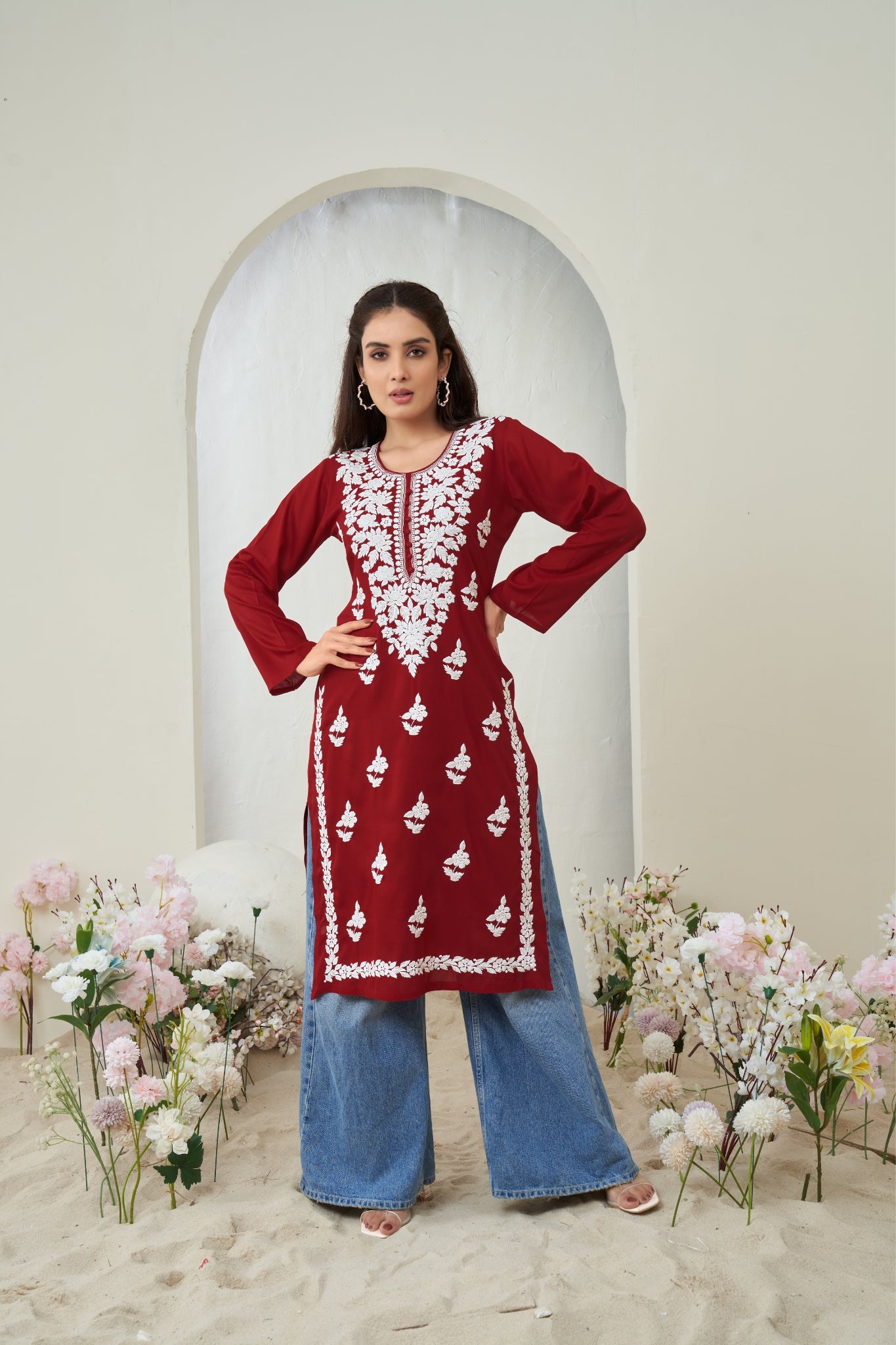 Maroon Chikankari Rayon Solid Women's Kurti