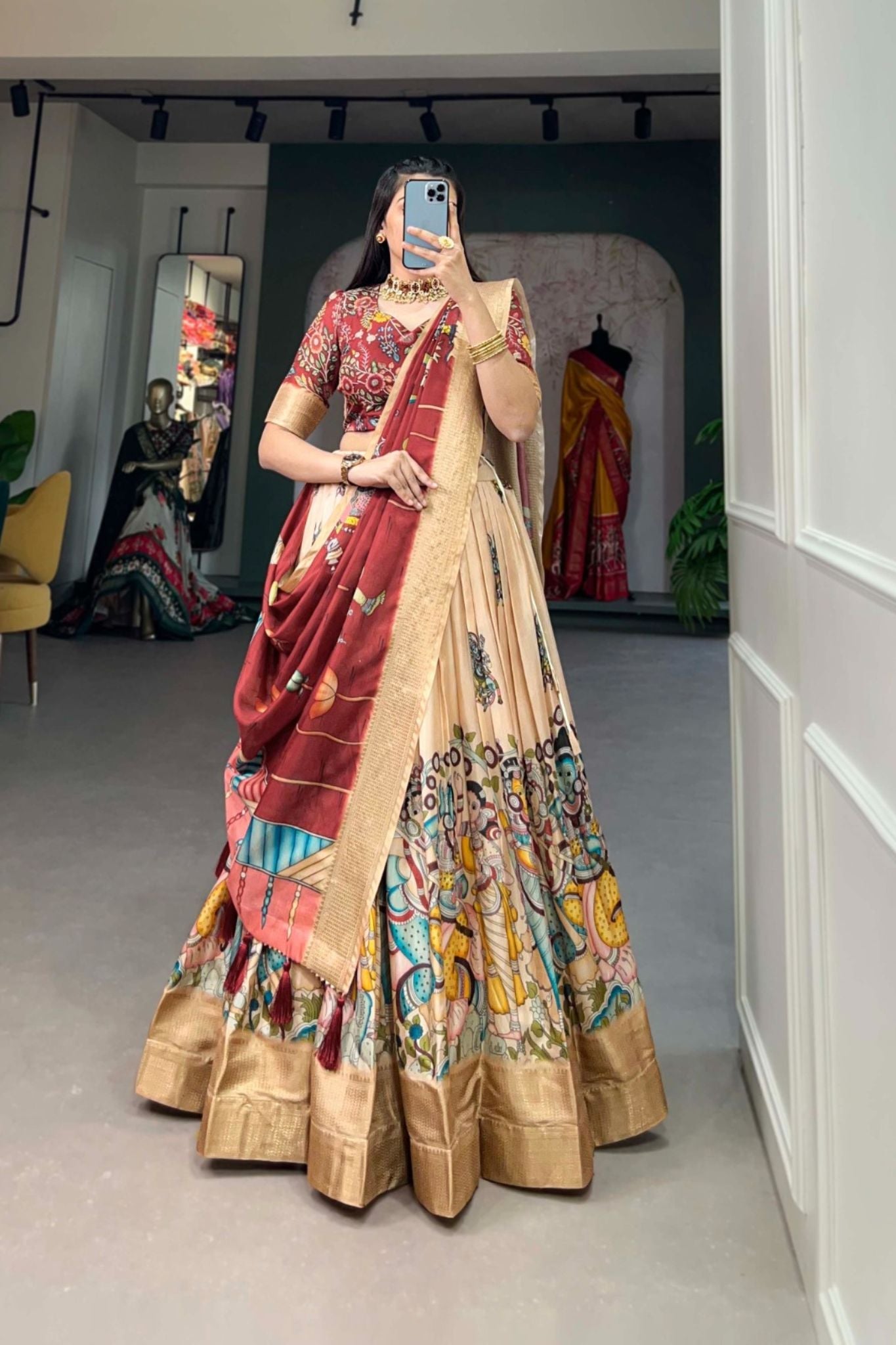 Kalamkari Printed Dola Silk Lehenga Choli