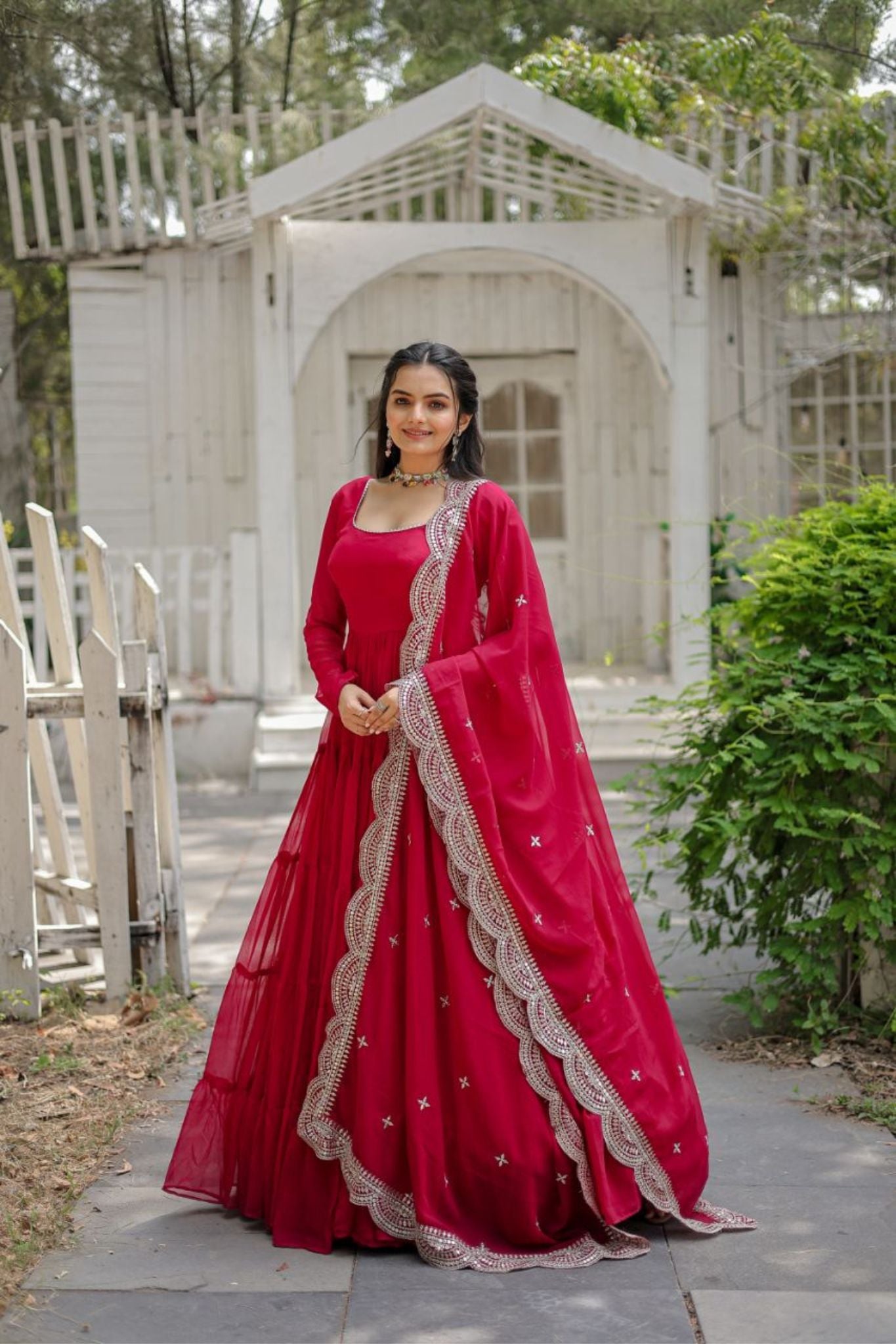 Stylish Tiered Women Anarkali Gown With Dupatta Set