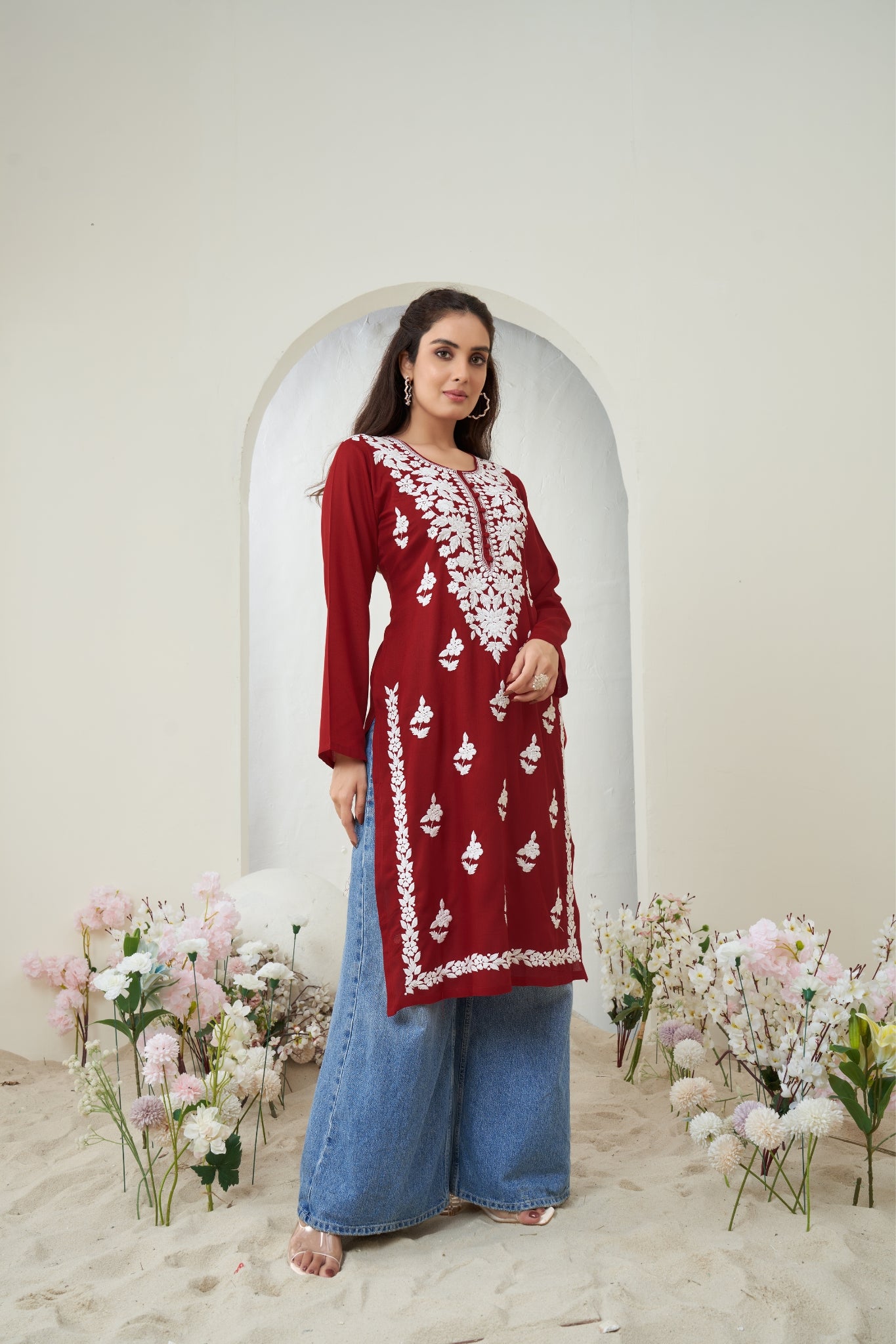 Maroon Chikankari Rayon Solid Women's Kurti