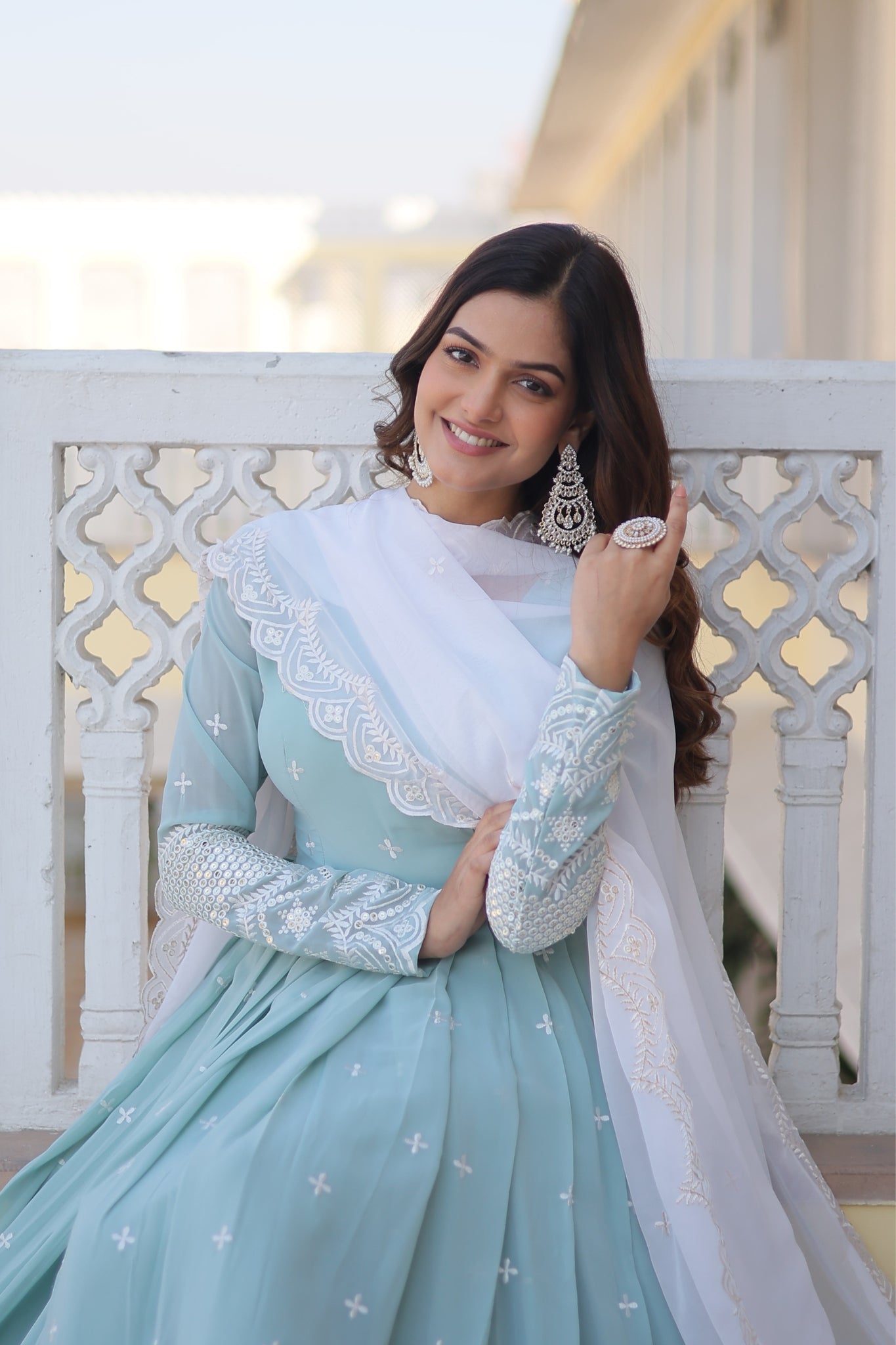 Georgette Sky Blue Designer Readymade Gown Collections