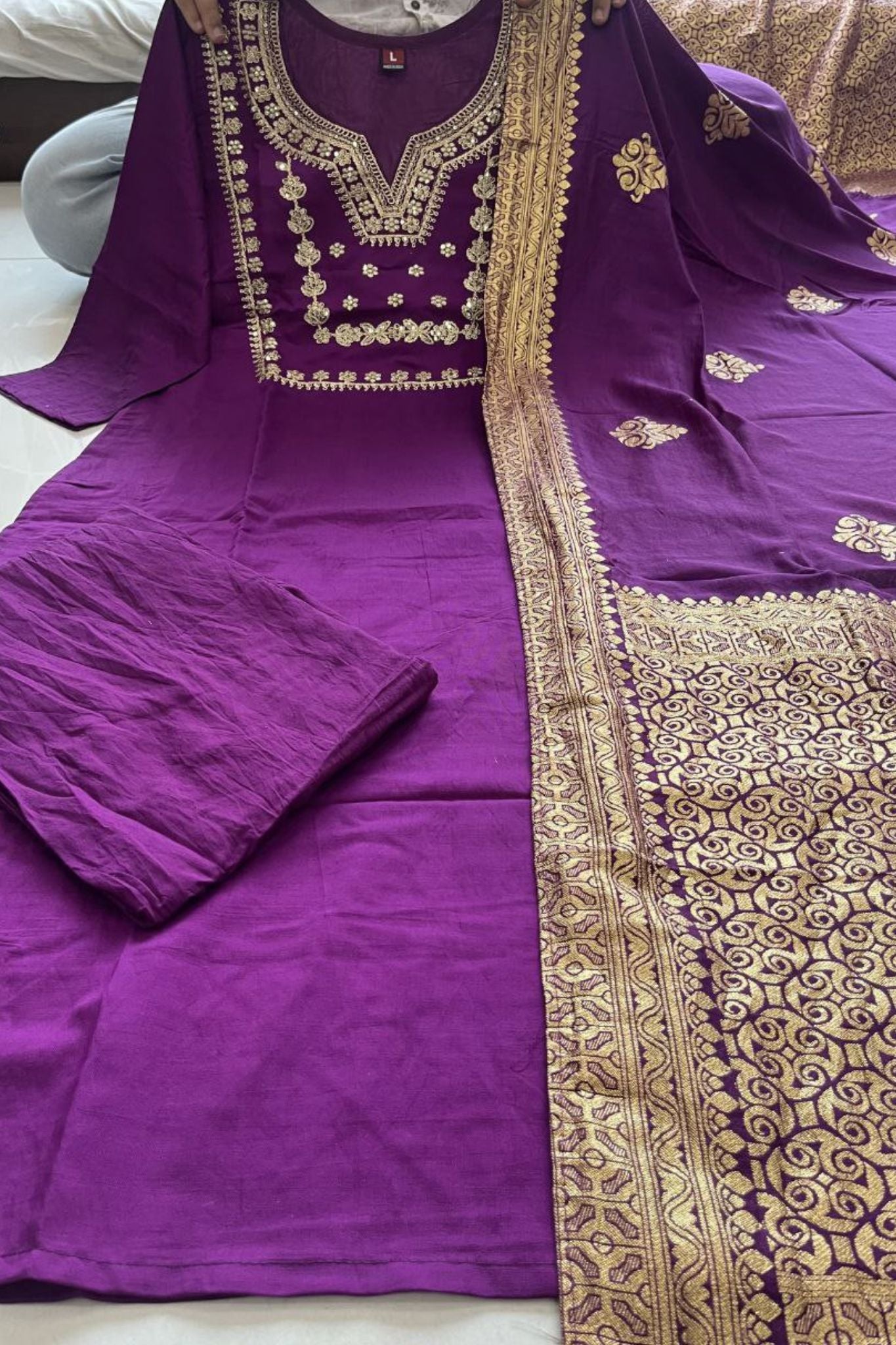 Purple Women Embroidered A-Line Kurta Set