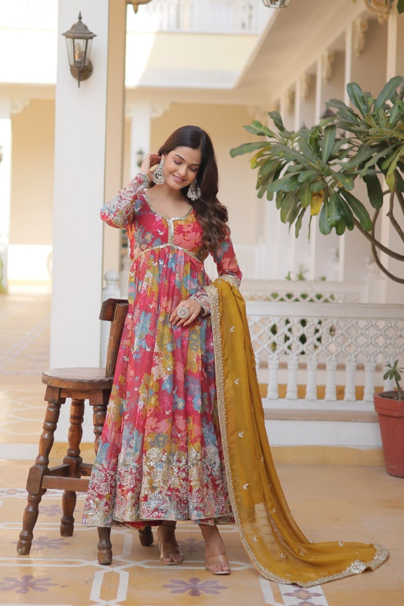 Elegant Printed With Embroidered Readymade Alia Cut